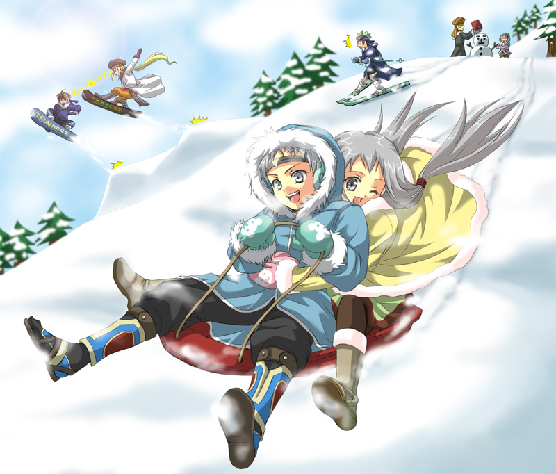 celica yuki, liu, hero (suikoden tierkreis), jale (suikoden), liu-shen, manaril (suikoden), marica (suikoden), marica (suikoden tierkreis), mubal (suikoden), roberto (suikoden), gensou suikoden, gensou suikoden tierkreis, bad id, bad pixiv id, 2girls, 5boys, multiple boys, multiple girls, skis, sled, snow, snowboard