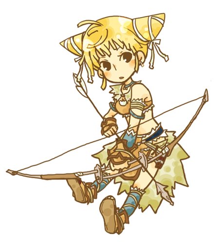 mokiji, viola, trusty bell, bad id, bad pixiv id, lowres, arrow (projectile), blonde hair, bow (weapon), cone hair bun, hair bun, solo, weapon