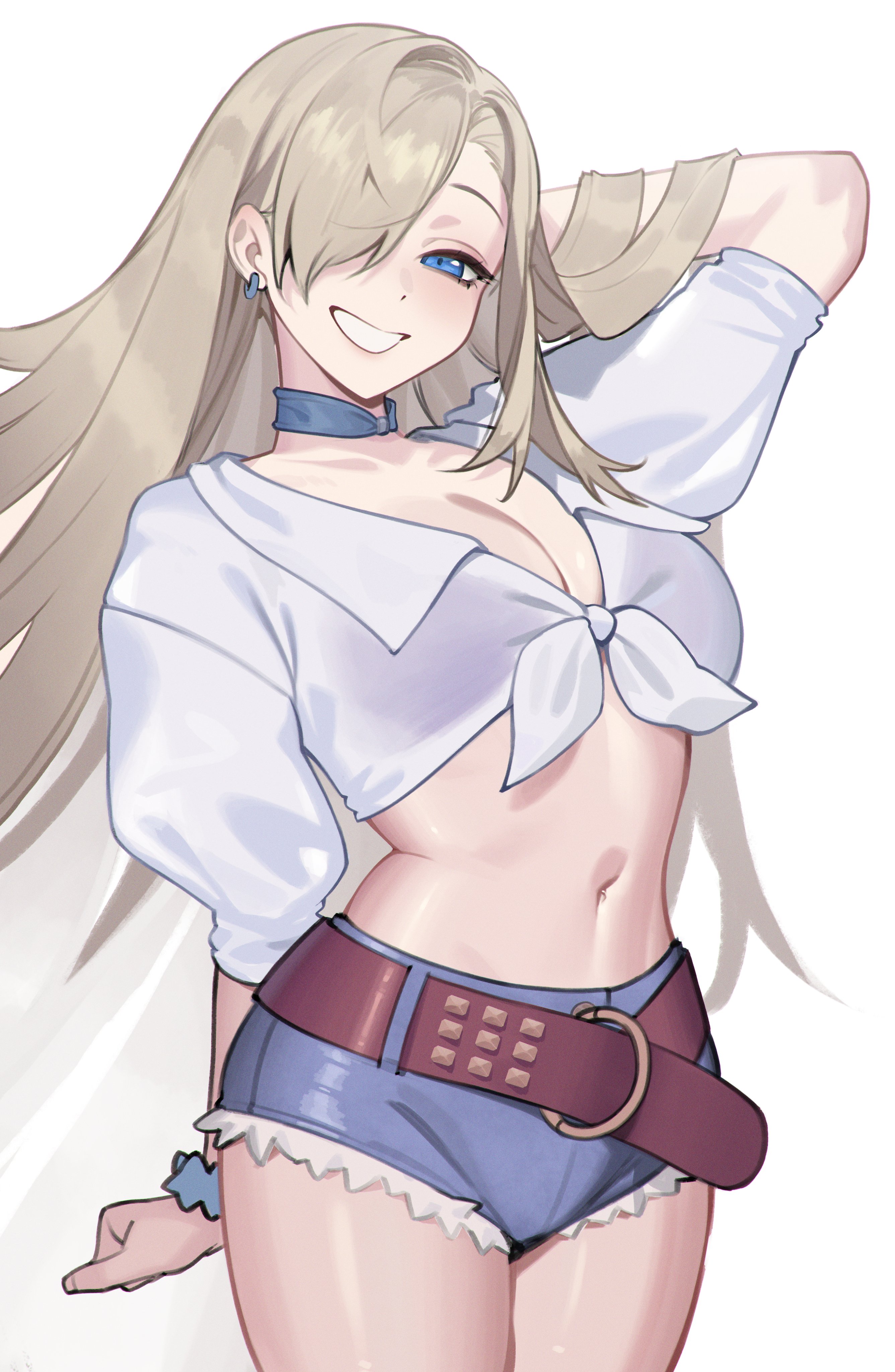 pokoporoko, asuna (blue archive), blue archive, absurdres, highres, 1girl, belt, blonde hair, blue eyes, blue shorts, breasts, brown belt, choker, cleavage, denim, denim shorts, earrings, grin, groin, hair over one eye, jewelry, large breasts, long hair, looking at viewer, navel, no halo, puffy short sleeves, puffy sleeves, scrunchie, shirt, short sleeves, shorts, smile, solo, thighs, tied shirt, very long hair, white background, white shirt, wrist scrunchie