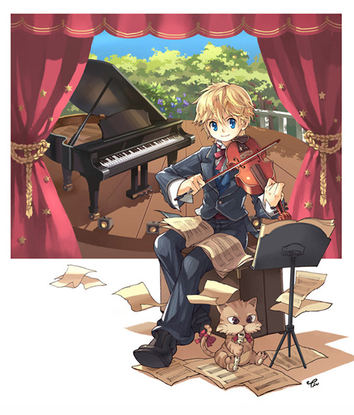 tiv, original, archived source, commentary request, 1boy, artist name, black pants, black shoes, black sleeves, black suit, blonde hair, blue sky, blue vest, bow, bow (music), brown cat, brown fur, bush, buttons, cat, closed mouth, collared shirt, curtains, dress pants, fence, flute, formal clothes, grand piano, holding, holding bow (music), holding flute, holding instrument, holding violin, instrument, lapels, long sleeves, looking to the side, music, neck ribbon, pants, papers, piano, playing instrument, red bow, red ribbon, ribbon, shade, shadow, sheet music, shirt, shoes, signature, sitting, sky, smile, stage, stage lights, striped fur, suit, tail, tail bow, tail ornament, vest, violin, waistcoat, white shirt, white sleeves, wing collar