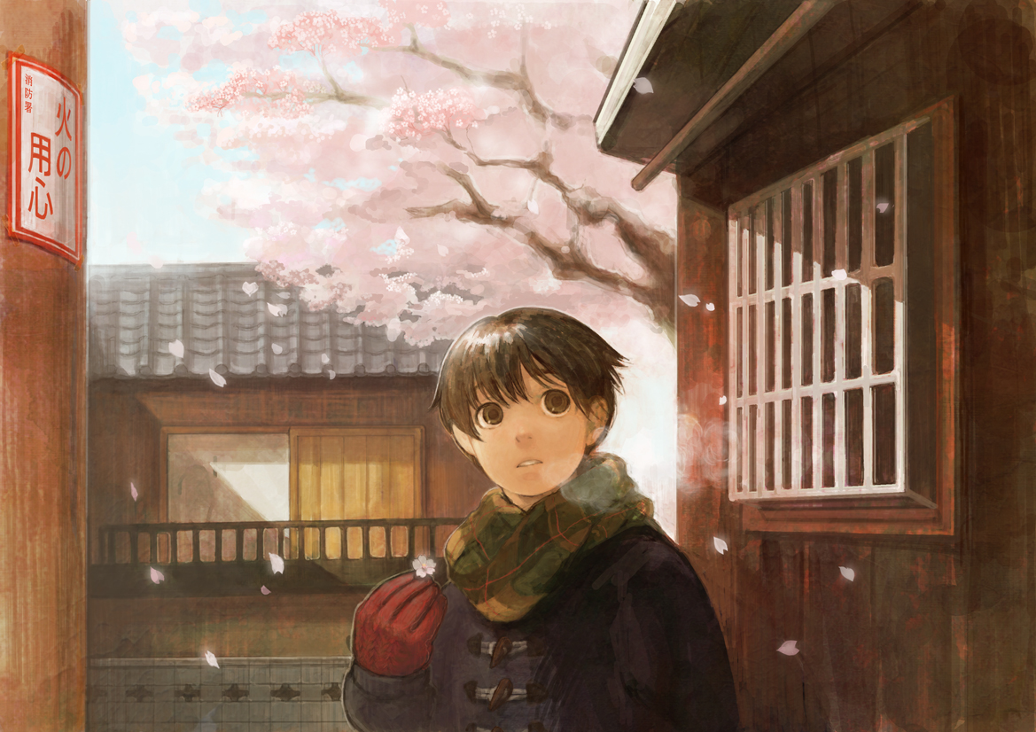 kannu, bad id, bad pixiv id, 1boy, architecture, brown eyes, brown hair, east asian architecture, gloves, male focus, nature, outdoors, plaid clothes, plaid scarf, plant, poster (object), scarf, sky, sliding doors, solo, spring (season), upper body