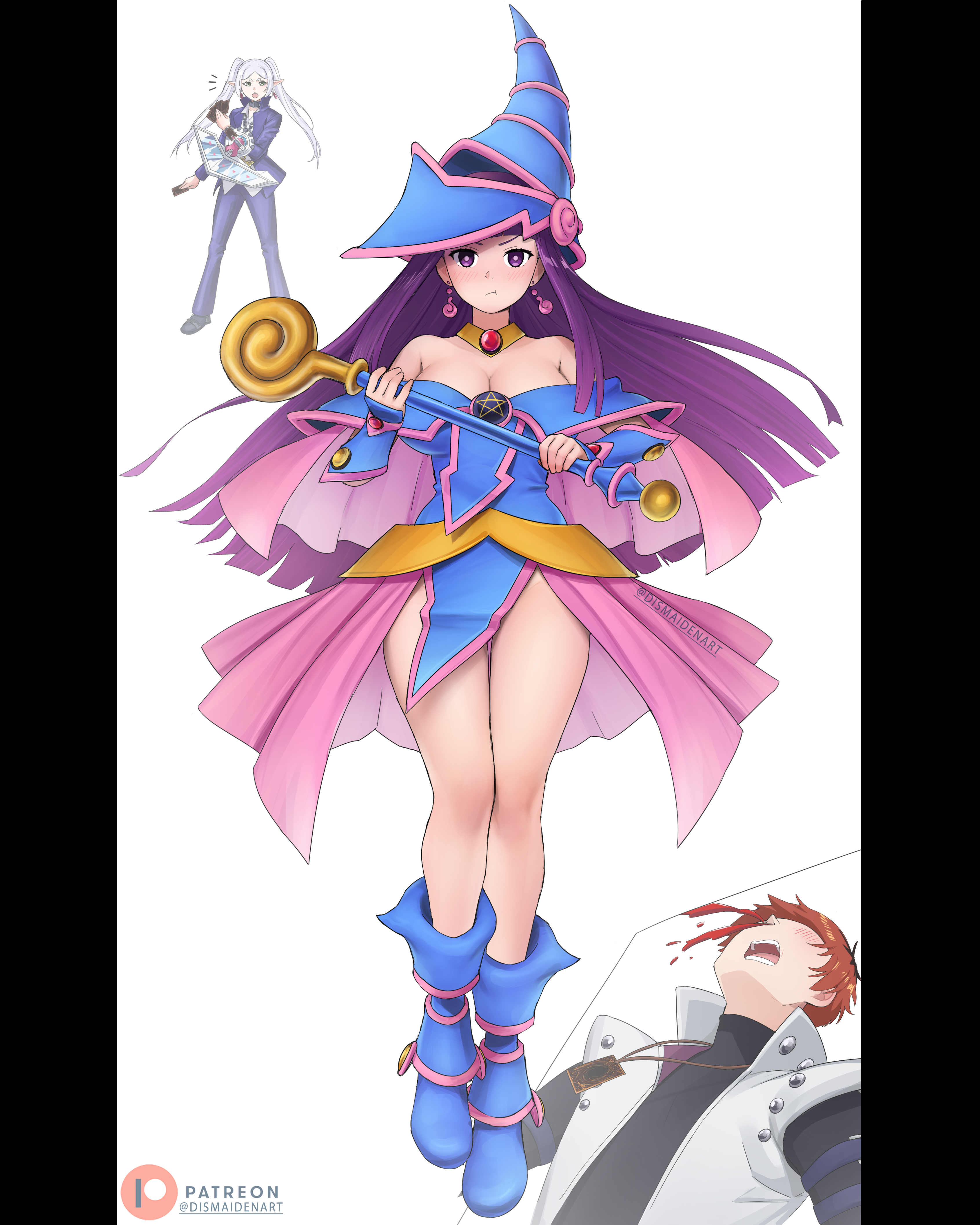 dismaiden, dark magician girl, fern (sousou no frieren), frieren, kaiba seto, muto yugi, stark (sousou no frieren), sousou no frieren, yu-gi-oh!, yu-gi-oh! duel monsters, absurdres, commentary, english commentary, highres, 1boy, 2girls, :t, aroused nosebleed, blood, blue boots, blue dress, blue hat, blue jacket, blue pants, boots, breasts, card, cleavage, closed mouth, cosplay, dark magician girl (cosplay), dress, duel disk, earrings, elf, floating hair, full body, gakuran, grey hair, hat, holding, holding card, holding wand, jacket, jewelry, kaiba seto (cosplay), large breasts, light blush, long hair, looking at viewer, multiple girls, muto yugi (cosplay), necklace, nosebleed, notice lines, open mouth, pants, patreon logo, patreon username, pelvic curtain, pentacle, pillarboxed, pointy ears, pout, purple eyes, purple hair, red hair, school uniform, simple background, solo focus, thigh gap, thighs, twintails, twitter username, v-shaped eyebrows, very long hair, vest, wand, white background, white vest, wizard hat