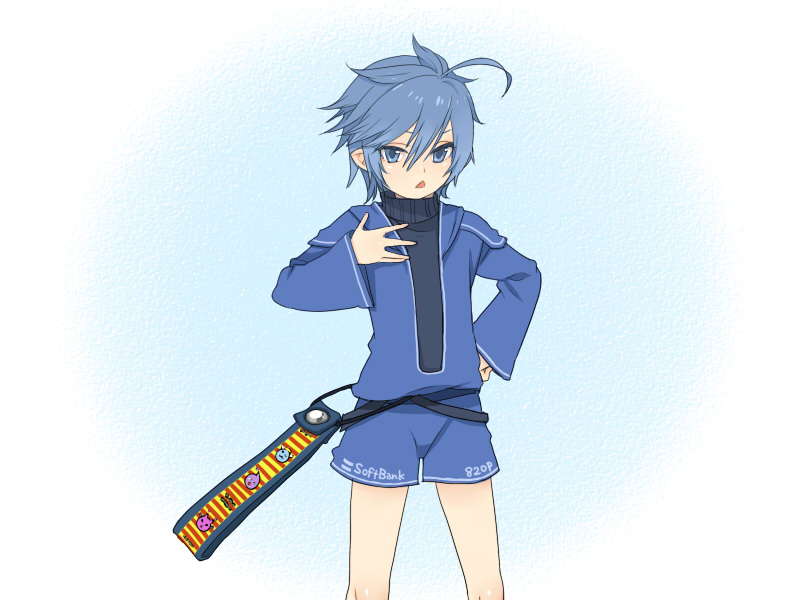 kurono yuu, bad id, bad pixiv id, 1boy, ahoge, androgynous, blue eyes, blue hair, cellphone, elf, male focus, matching hair/eyes, open mouth, personification, phone, pointy ears, shorts, solo, turtleneck