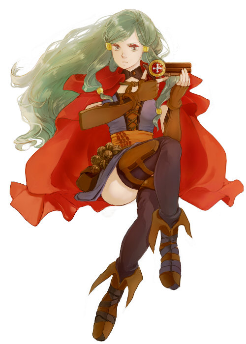 maru-pan, marupan, minen (suikoden), gensou suikoden, gensou suikoden tierkreis, bad id, bad pixiv id, 1girl, crossed legs, female focus, green hair, gun, handgun, long hair, pistol, simple background, solo, thighhighs, weapon