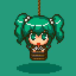 eruru (erl), kisume, touhou, lowres, 1girl, bucket, female focus, green eyes, green hair, in bucket, in container, open mouth, pixel art, simple background, solo, twintails