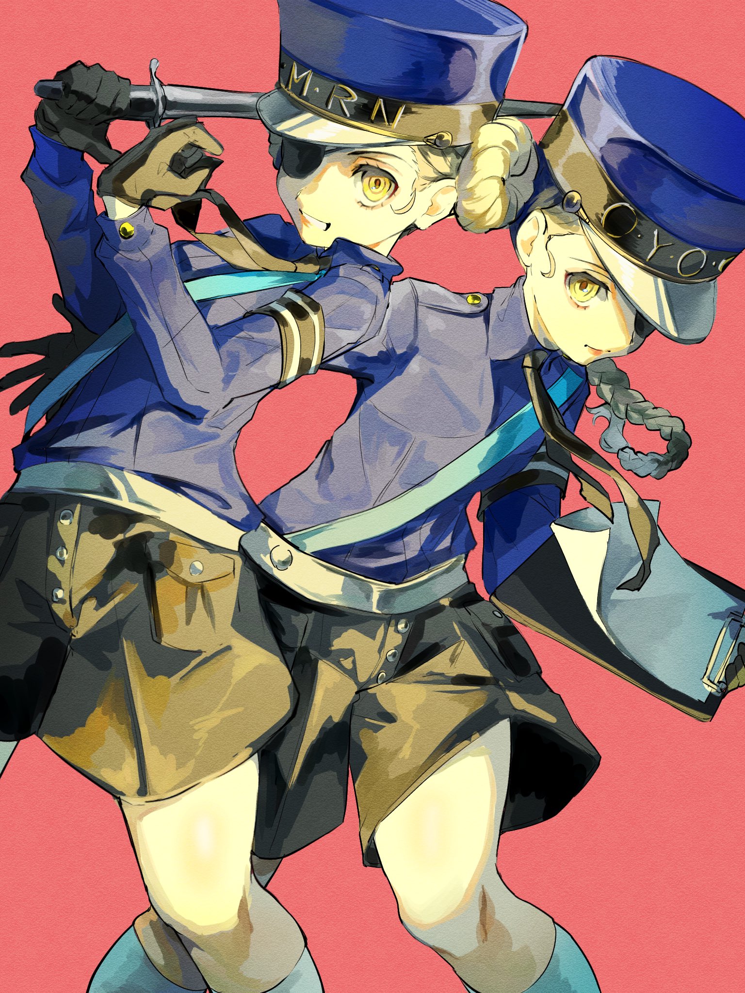 4me3ba niku, caroline (persona 5), justine (persona 5), persona, persona 5, commentary request, highres, 2girls, armband, black armband, black gloves, black necktie, black shorts, blonde hair, blue hat, blue shirt, braid, clipboard, closed mouth, double bun, dutch angle, eyepatch, feet out of frame, gloves, grin, hair bun, hat, holding, holding baton (weapon), holding clipboard, kepi, long sleeves, looking at viewer, military hat, multiple girls, necktie, one eye covered, pink background, shirt, shorts, siblings, simple background, sisters, smile, twins, wing collar, yellow eyes