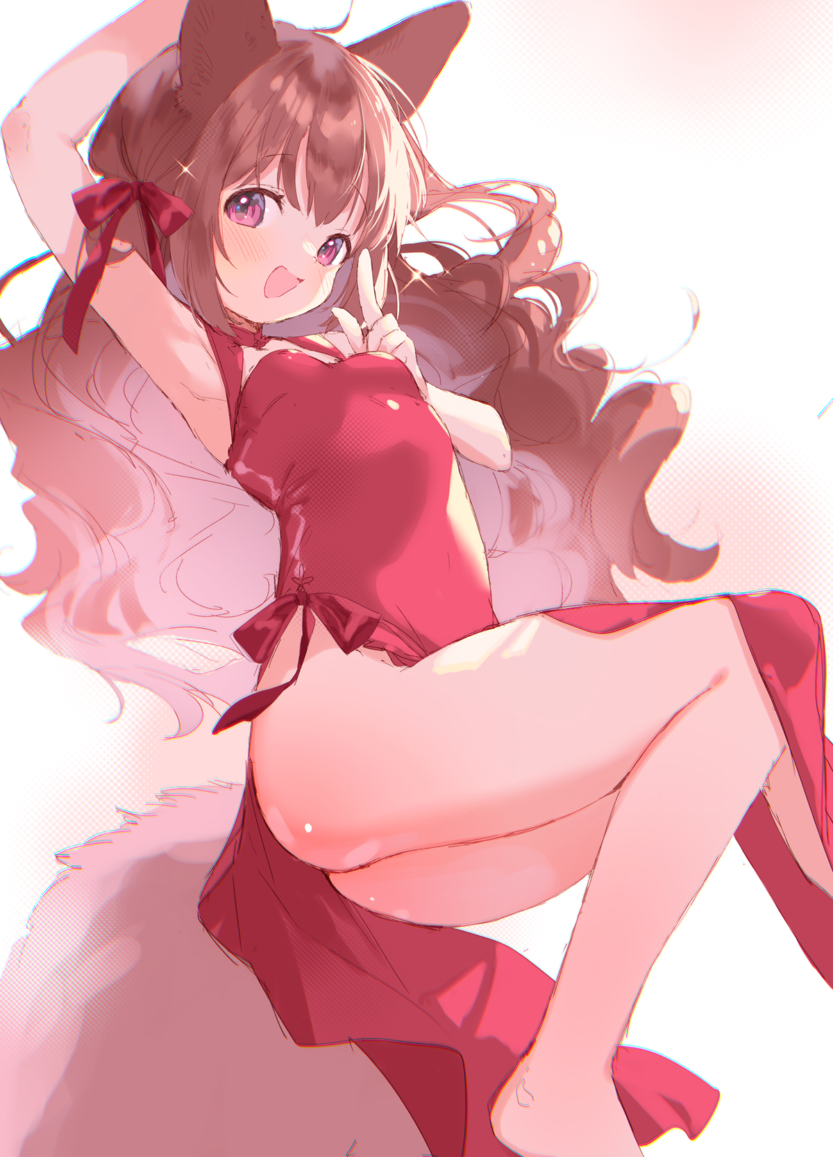 mutou mato, original, highres, 1girl, animal ears, ass, barefoot, blush, breasts, brown hair, dress, fox ears, fox girl, fox tail, long hair, looking at viewer, open mouth, pink eyes, red dress, sketch, small breasts, smile, solo, tail