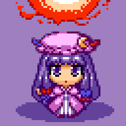 eruru (erl), patchouli knowledge, touhou, lowres, 1girl, female focus, full body, hat, long hair, pixel art, purple eyes, purple hair, ribbon, simple background, solo