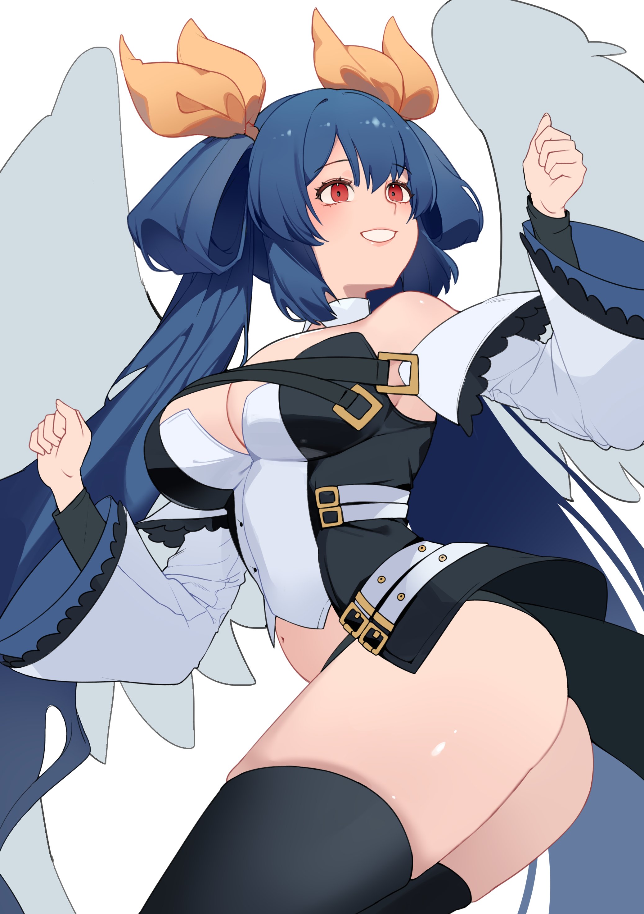 dizzy (guilty gear), guilty gear, guilty gear xrd, absurdres, highres, 1girl, angel wings, ass, bare shoulders, belt, black panties, black tail, black thighhighs, blue hair, breasts, cleavage, cleavage cutout, clothing cutout, from side, hair rings, large breasts, long hair, looking back, midriff, monster girl, navel, open mouth, panties, realmoon36, red eyes, ribbon, sidelocks, simple background, thick thighs, thighhighs, thighs, twintails, underwear, white background, wide sleeves, wings, yellow ribbon