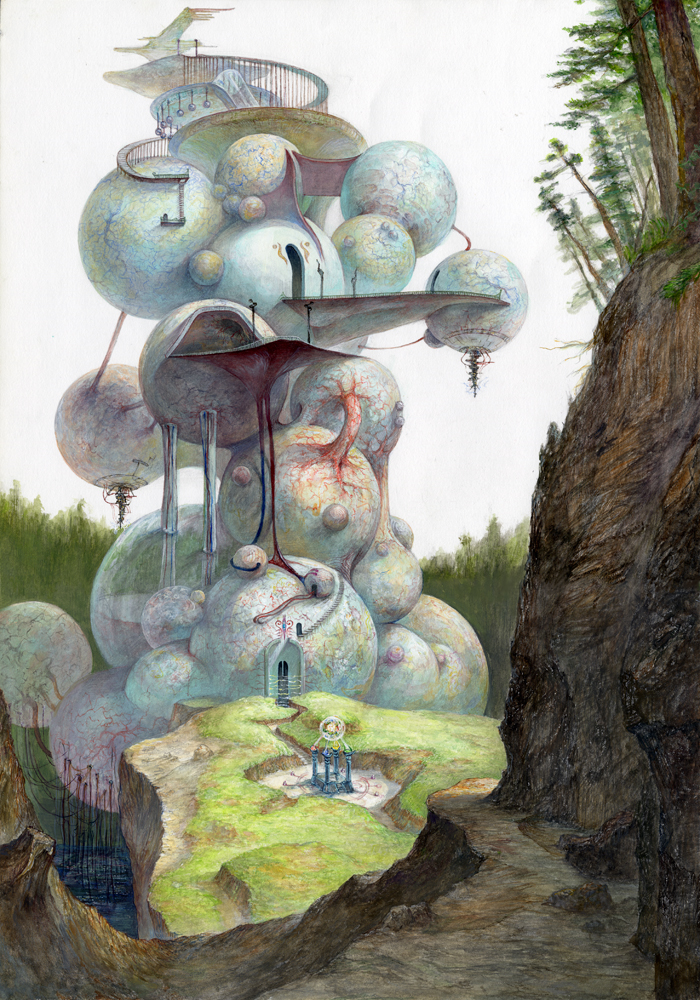 nanashiro shisai, original, building, fantasy, forest, nature