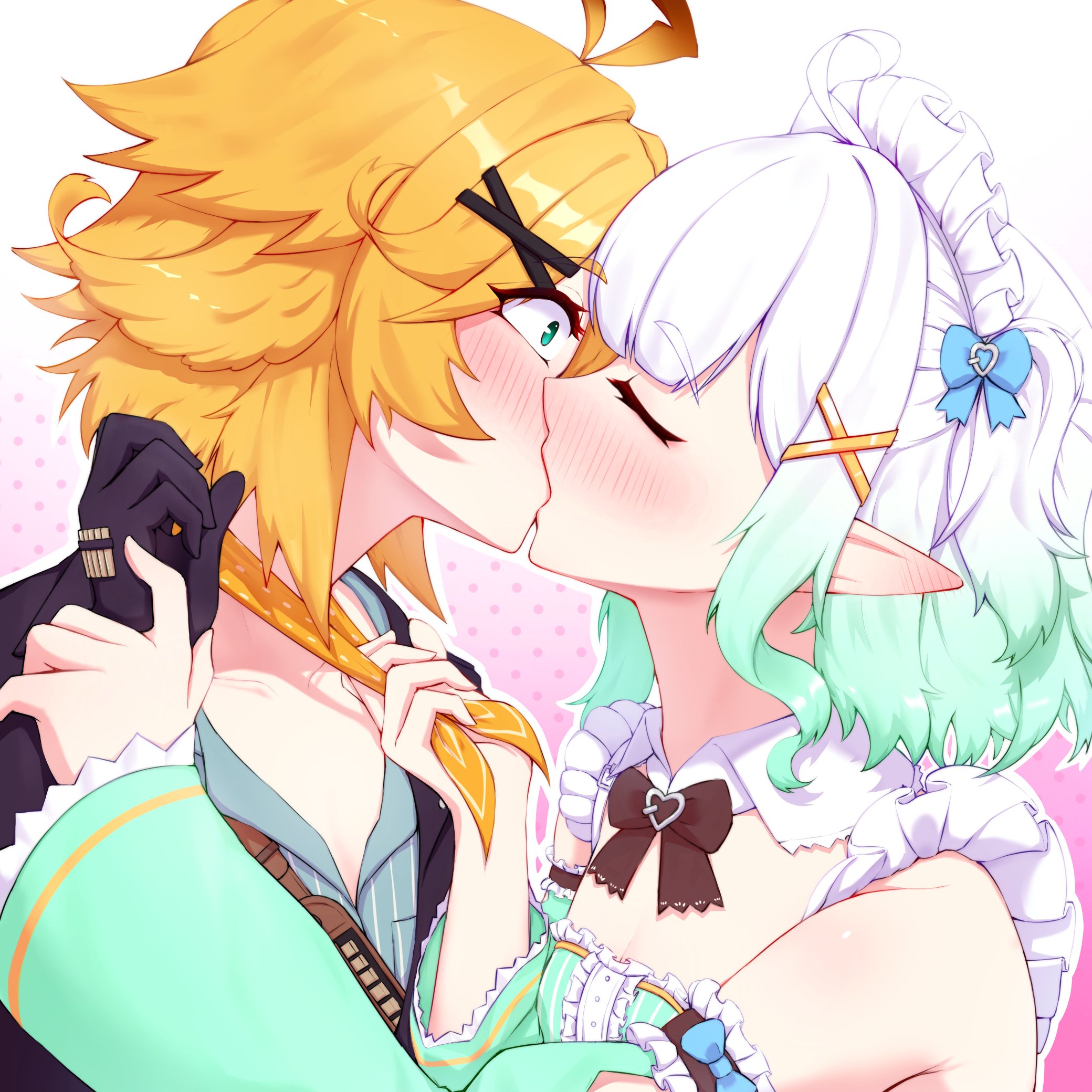 cgator, dokibird, dokibird (bounty hunter), mint fantome, mint fantome (minto 2.0), indie virtual youtuber, commentary, highres, 2girls, ahoge, aqua dress, aqua eyes, aqua sleeves, black bow, black bowtie, black gloves, black jacket, blonde hair, blue shirt, blush, bow, bowtie, center frills, closed eyes, clothes grab, collared shirt, constricted pupils, detached collar, detached sleeves, dress, ear blush, frills, gloves, gradient hair, green hair, hair ornament, jacket, kiss, looking at another, maid headdress, multicolored hair, multiple girls, neckerchief, neckerchief grab, pointy ears, shirt, short hair, sleeveless, sleeveless dress, surprised, virtual youtuber, white hair, wide-eyed, x hair ornament, yellow neckerchief, yuri