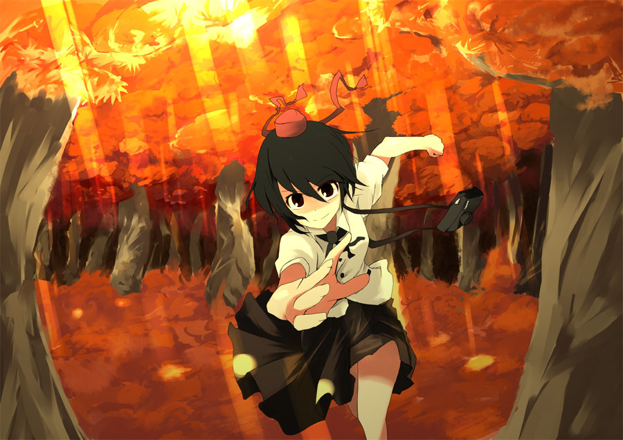 mieharu, shameimaru aya, touhou, 1girl, autumn, autumn leaves, black eyes, black hair, camera, female focus, forest, hat, leaf, nature, outdoors, plant, running, skirt, solo, tokin hat