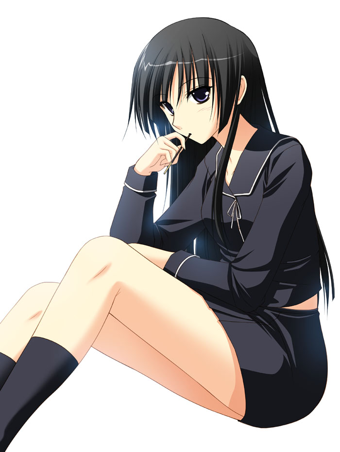 takepon, isayama yomi, ga-rei, ga-rei zero, 00s, 1girl, black hair, blunt bangs, eating, female focus, food, hime cut, long hair, pencil skirt, pocky, purple eyes, school uniform, serafuku, skirt, socks, solo, very long hair