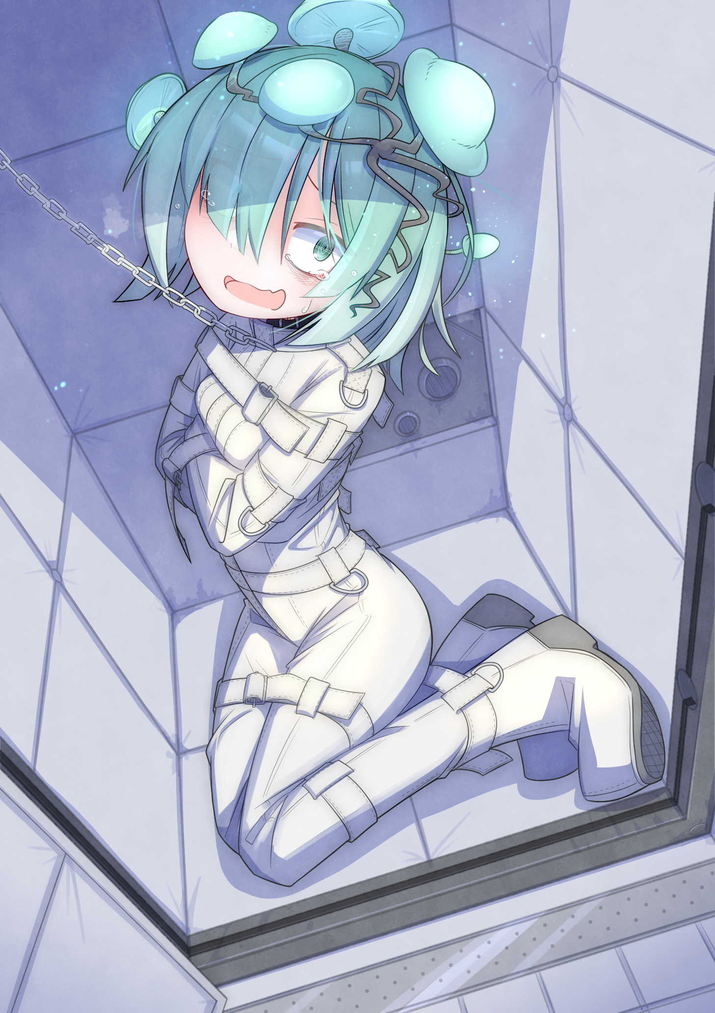 menou 74, character request, copyright request, highres, variant set, 1girl, aqua eyes, aqua hair, arms across body, arms under breasts, bodysuit, bound, bound arms, bound legs, breasts, chain, chain leash, hair over one eye, in cell, leash, looking at viewer, mushroom on head, padded walls, prison cell, short hair, small breasts, straitjacket, tearing up, tied up (nonsexual), wavy mouth, white bodysuit, wide-eyed