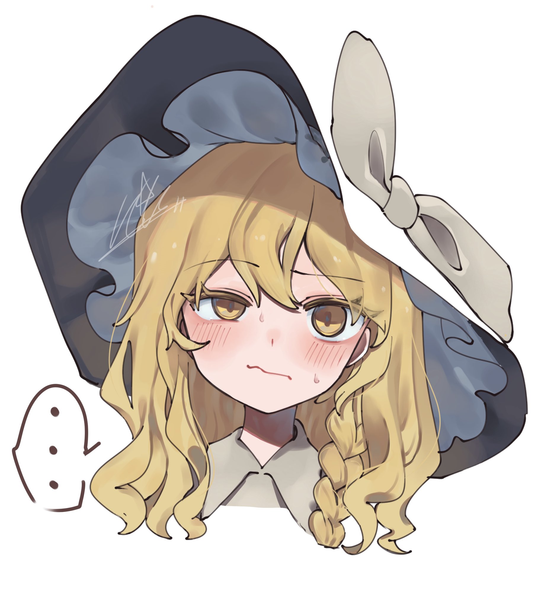 niru (ka k 0517), kirisame marisa, touhou, highres, …, 1girl, black hat, blonde hair, blush, bow, braid, closed mouth, eyelashes, half-closed eye, hat, hat bow, looking at viewer, medium hair, portrait, signature, simple background, solo, spoken ellipsis, sweat, wavy mouth, white background, white bow, yellow eyes
