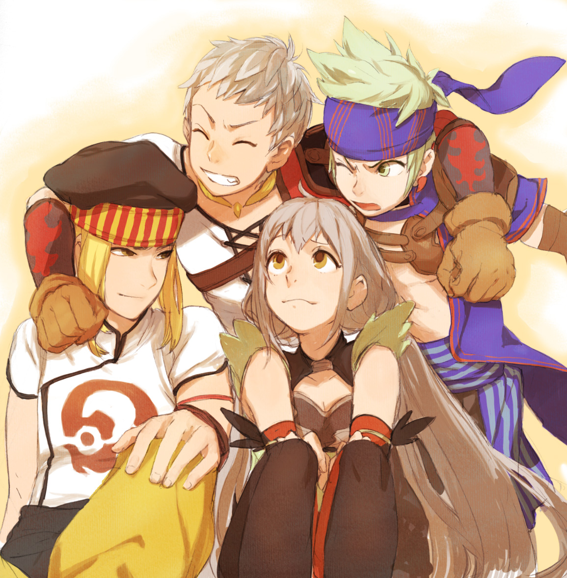 liu, mitosa, hero (suikoden tierkreis), jale (suikoden), liu-shen, marica (suikoden), marica (suikoden tierkreis), gensou suikoden, gensou suikoden tierkreis, 1girl, 3boys, blonde hair, green hair, grey hair, headband, hug, multiple boys