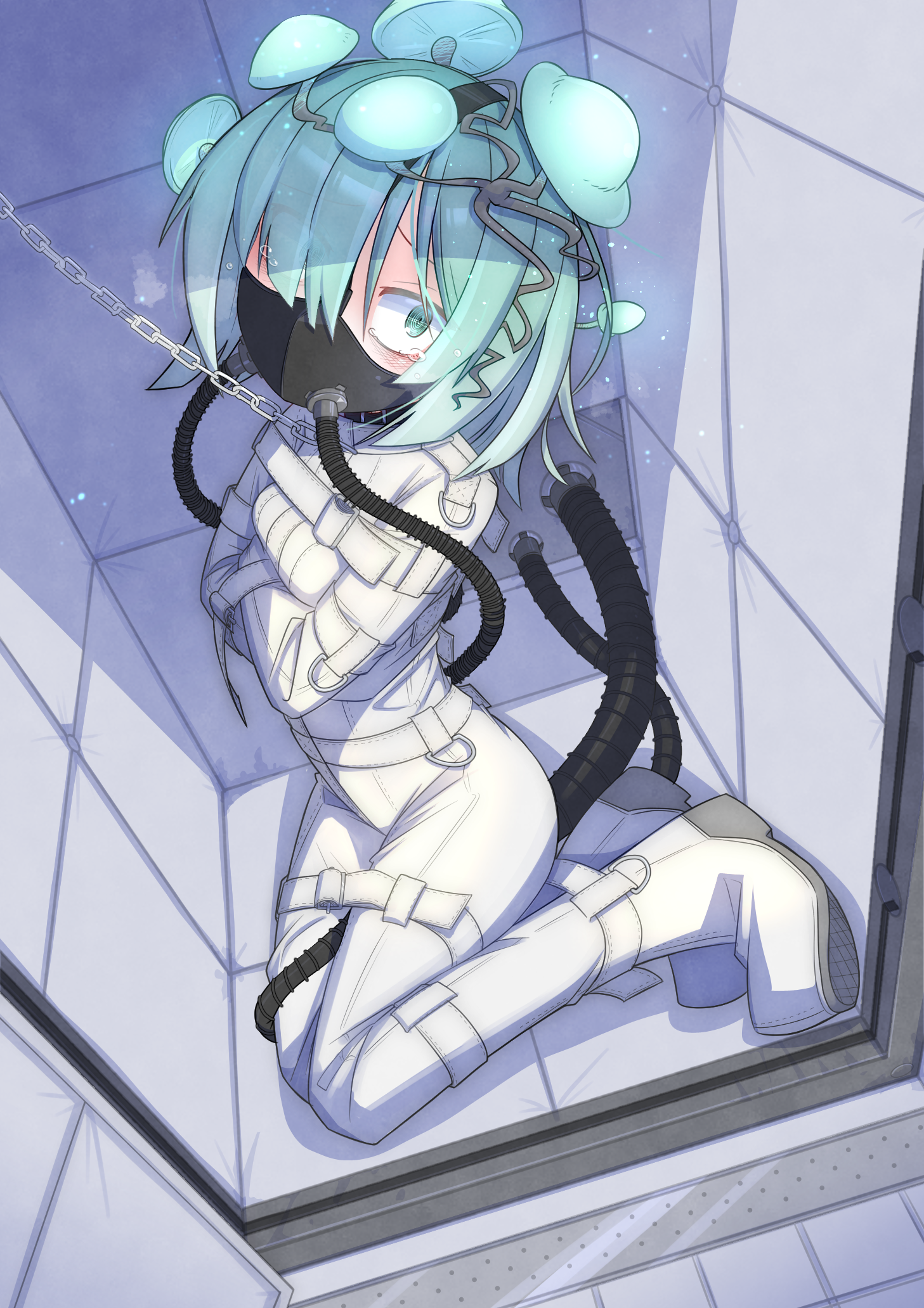 menou 74, character request, copyright request, highres, variant set, 1girl, aqua eyes, aqua hair, arms across body, arms under breasts, bodysuit, bound, bound arms, bound legs, breasts, breathing tube, chain, chain leash, gagged, hair over one eye, in cell, leash, looking at viewer, mask, mushroom on head, oxygen mask, padded walls, prison cell, respirator, short hair, small breasts, straitjacket, tearing up, tied up (nonsexual), white bodysuit, wide-eyed