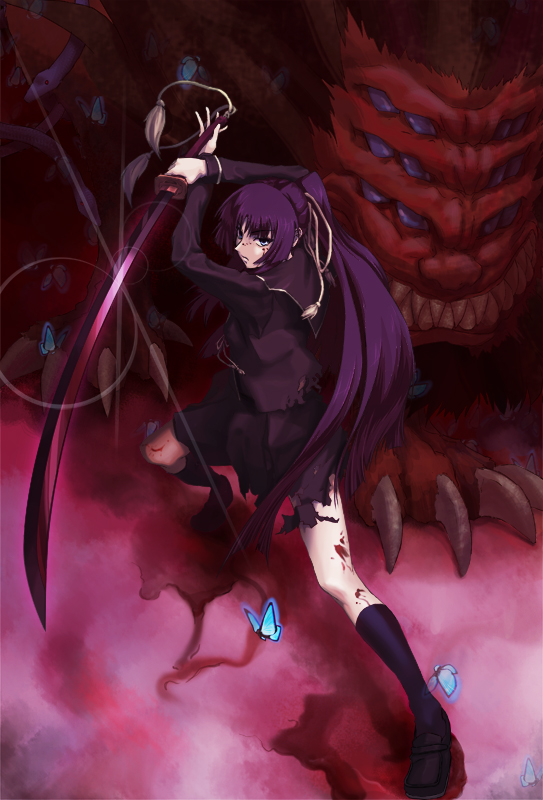 sumire (artist), urabi, urabi (tomatohouse), isayama yomi, ranguren, ga-rei, ga-rei zero, 00s, 1girl, black hair, blue eyes, bug, butterfly, extra eyes, female focus, insect, katana, kneehighs, long hair, monster, school uniform, serafuku, socks, solo, sword, teeth, torn clothes, very long hair, weapon