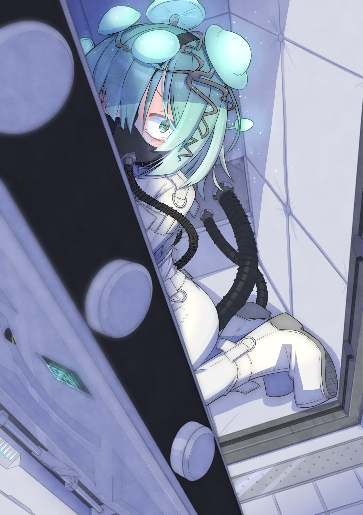 menou 74, character request, copyright request, highres, variant set, 1girl, aqua eyes, aqua hair, bodysuit, bound, bound arms, bound legs, breathing tube, closing door, gagged, hair over one eye, in cell, looking at viewer, mask, mushroom on head, oxygen mask, padded walls, prison cell, respirator, short hair, straitjacket, tearing up, tied up (nonsexual), white bodysuit, wide-eyed