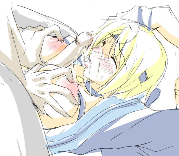 ruirui, chrodechild, gensou suikoden, gensou suikoden tierkreis, bad id, bad pixiv id, 1boy, 1girl, arms up, blush, breasts, cum, grabbing another's breast, groping, headband, large breasts, licking, nipple stimulation, nipple tweak, nipples, paizuri, penis, retracted foreskin, short hair, solo focus, uncensored