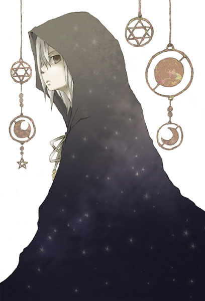 ohgami (artist), oogami, gender request, androgynous, brown eyes, cloak, frown, male focus, simple background, solo, star (sky), star (symbol), white background, white hair
