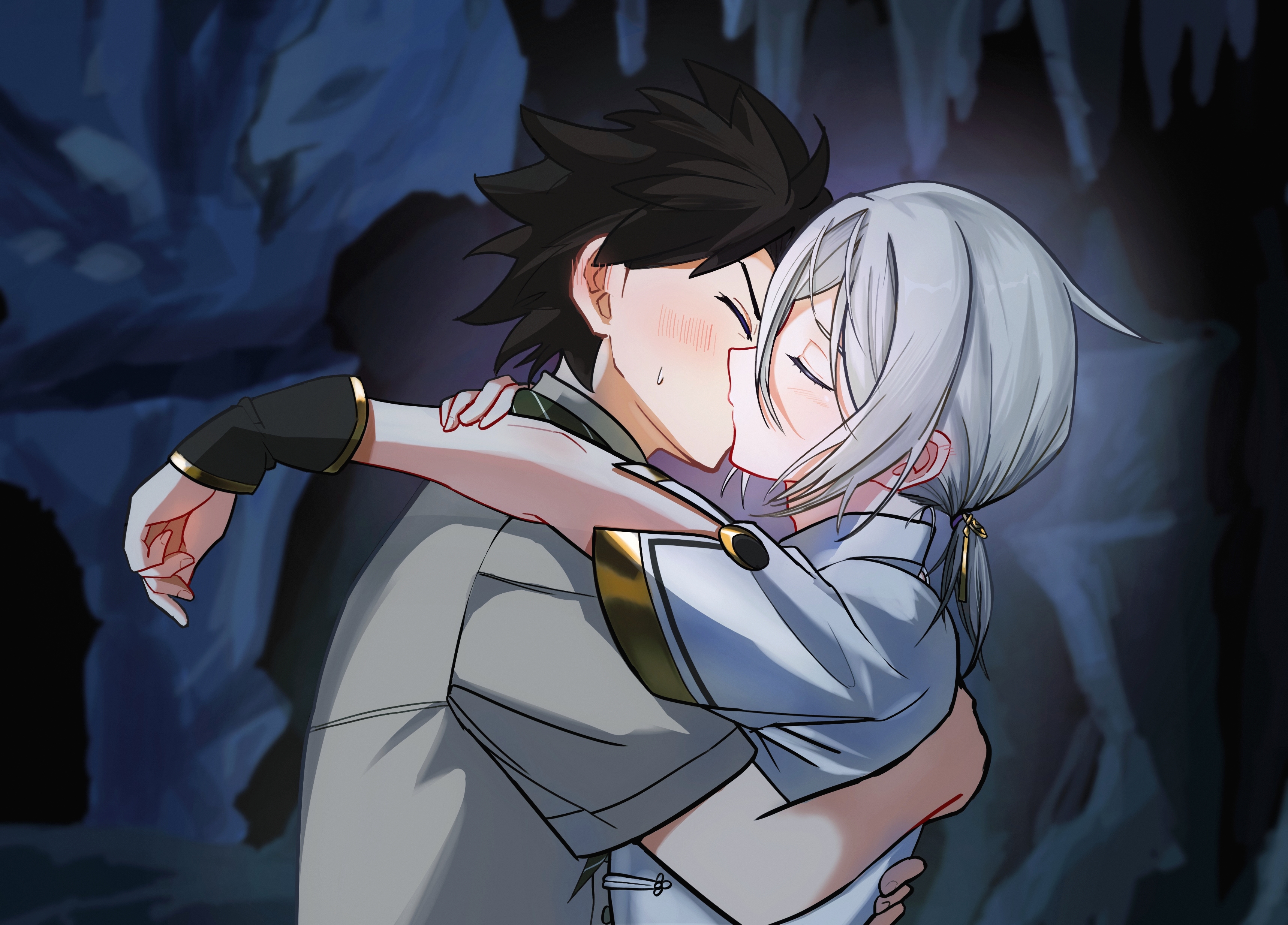 xiao yi (framundan), fujimaru ritsuka (male), fujimaru ritsuka (male) (chaldea pathfinder), prince of lan ling (eastern socialite attire) (fate), prince of lan ling (fate), fate/grand order, fate (series), absurdres, commentary request, highres, 2boys, arm warmers, black arm warmers, black hair, changpao, chinese clothes, closed eyes, from side, gold trim, grey shirt, hair between eyes, hair ribbon, hand on another's back, kiss, light blush, male focus, medium hair, multiple boys, ponytail, ribbon, shirt, short hair, short ponytail, short sleeves, sweat, white hair, white shirt, yaoi, yellow ribbon