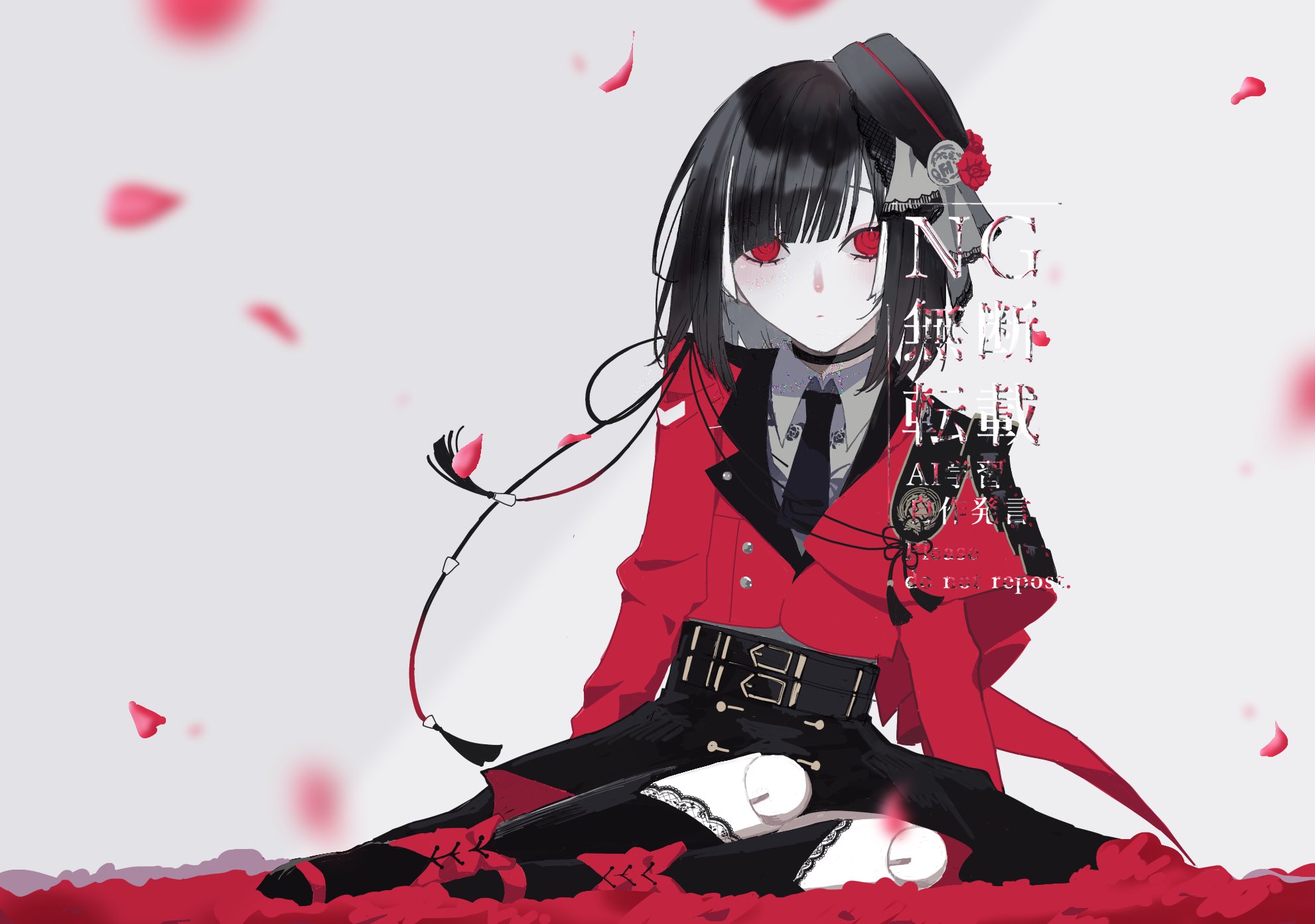 kyogoku masamune, touken ranbu, highres, 1boy, ascot, awtg48, black ascot, black choker, black hair, black hat, black skirt, black thighhighs, blunt bangs, bob cut, choker, doll joints, flower, grey shirt, hat, jacket, joints, lace, lace-trimmed thighhighs, lace trim, long sleeves, red eyes, red flower, red jacket, rose, shirt, short hair, sitting, skirt, solo, thighhighs, tilted headwear, watermark, yokozuwari