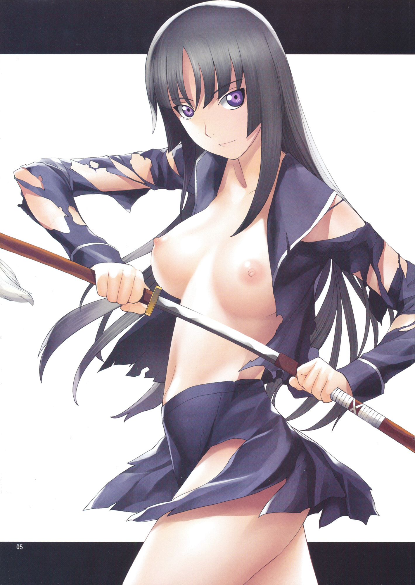 isayama yomi, ga-rei, ga-rei zero, highres, non-web source, 00s, 1girl, black hair, breasts, female focus, katana, large breasts, long hair, nipples, no bra, purple eyes, sheath, smile, solo, sword, torn clothes, unsheathing, very long hair, weapon