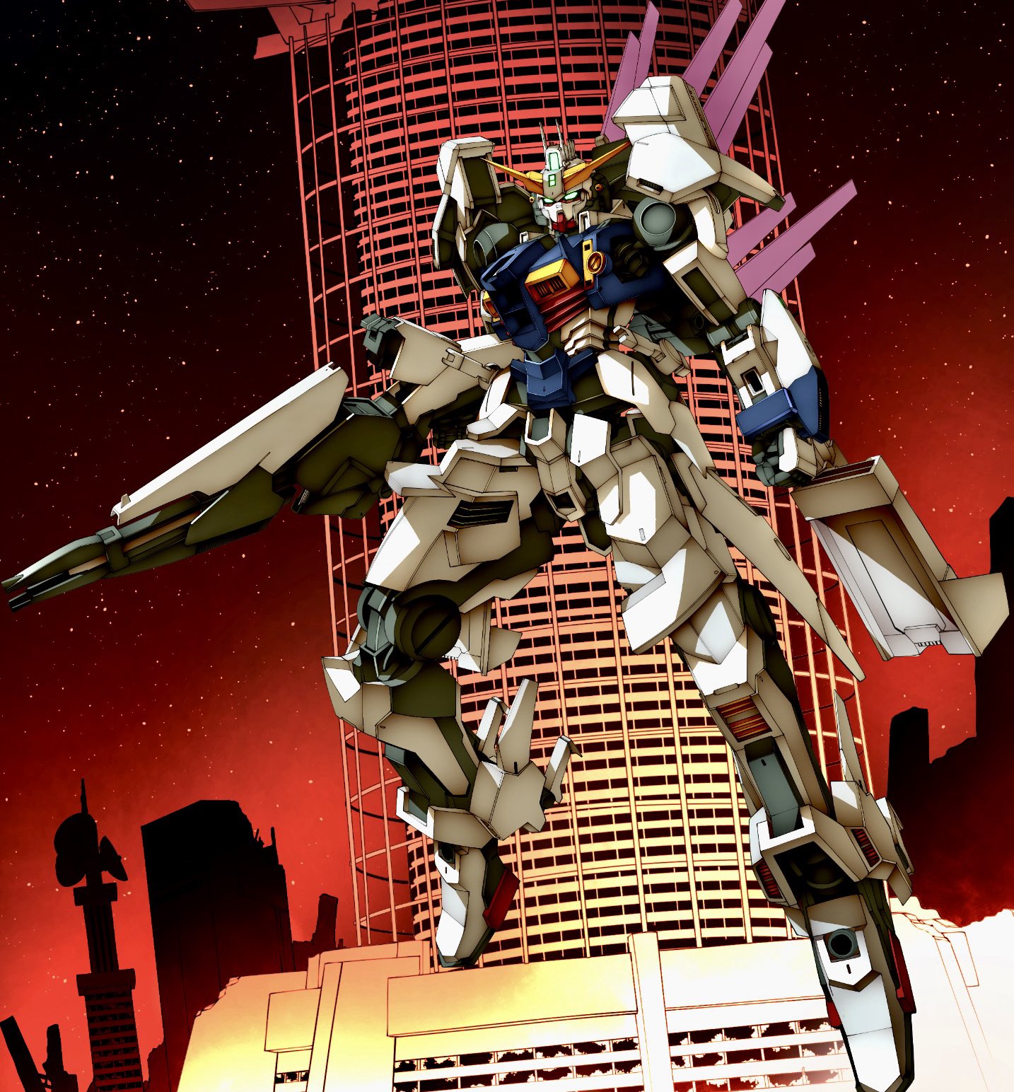 takagi shuei, gundam, commentary request, highres, beam rifle, building, clenched hand, energy gun, full body, gradient sky, green eyes, gun, gundam zirius, holding, holding gun, holding weapon, mecha, mecha focus, mobile suit, mobile suit gundam eight, no humans, outdoors, red sky, robot, satellite dish, science fiction, sky, solo, star (sky), v-fin, weapon
