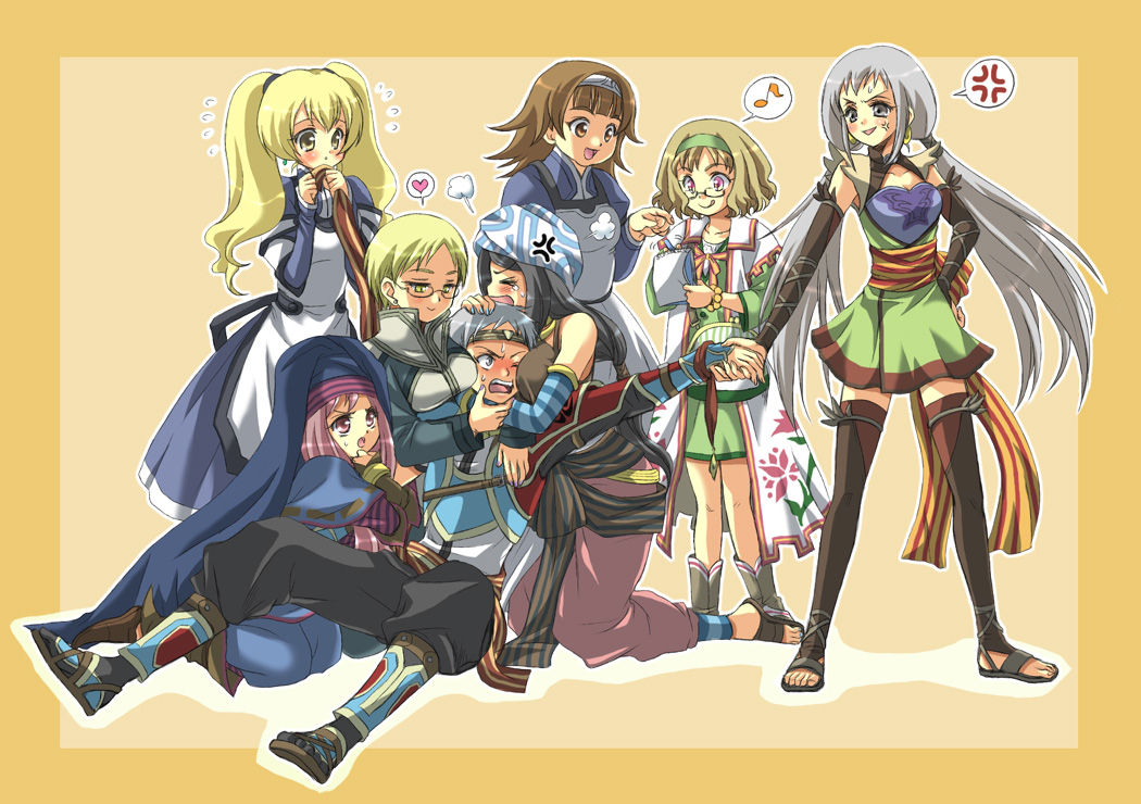 celica yuki, anya (suikoden), diadora (suikoden), erin (suikoden), hero (suikoden tierkreis), marica (suikoden), marica (suikoden tierkreis), maybelle (suikoden), moana, sisuca (suikoden), gensou suikoden, gensou suikoden tierkreis, bad id, bad pixiv id, 1boy, 6+girls, black hair, blonde hair, brown hair, glasses, grey hair, harem, multiple girls, pink hair, thighhighs
