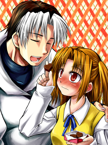 inusurvivor, sachiel (mugen), yumizuka satsuki, m.u.g.e.n, melty blood, tsukihime, 00s, 1boy, 1girl, blush, brown hair, candy, chocolate, chocolate heart, colored bangs, eating, embarrassed, food, heart, red eyes, valentine