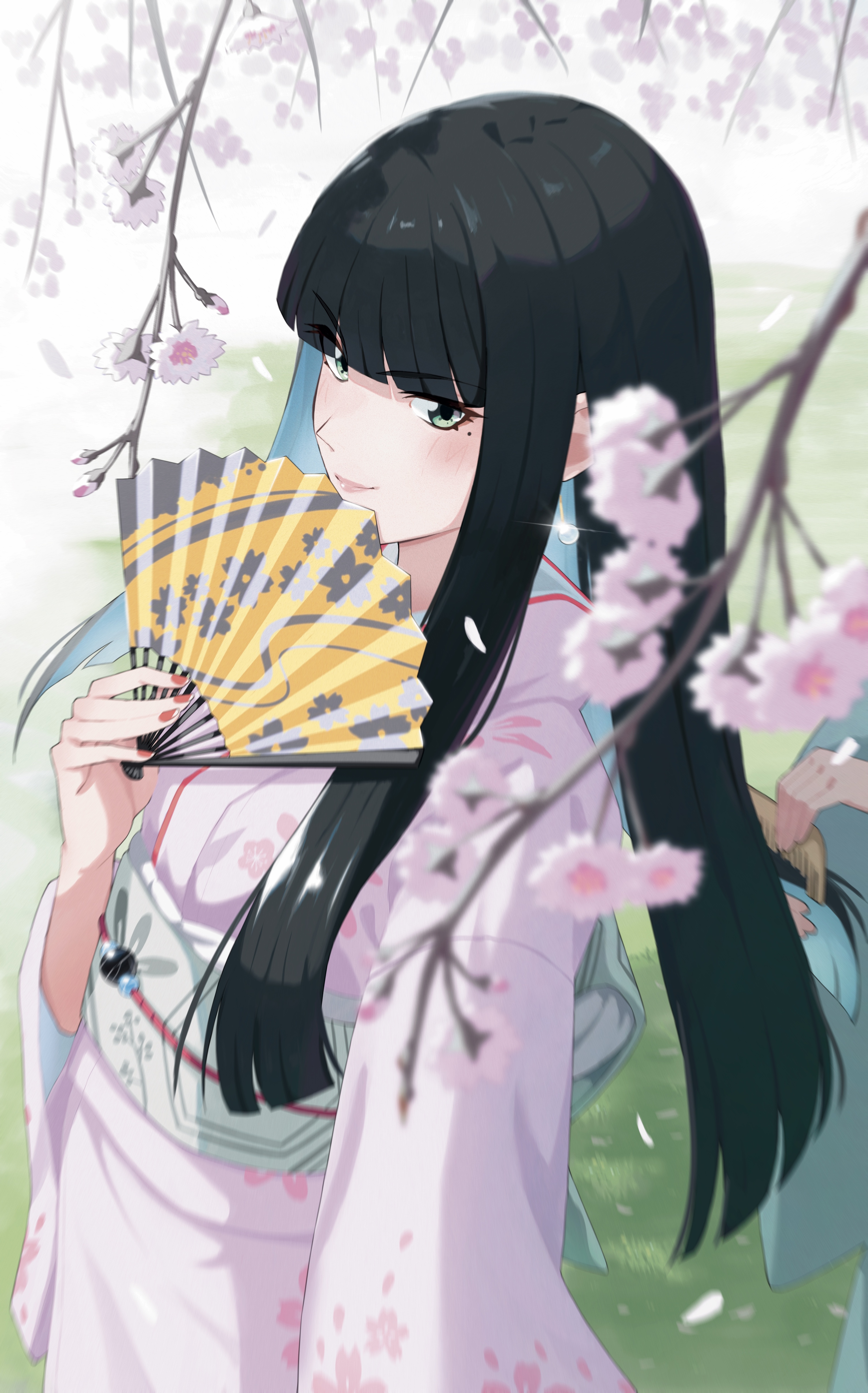 hitempo, original, absurdres, highres, black hair, blue hair, blunt bangs, blurry, blurry foreground, brushing another's hair, brushing hair, cherry blossoms, colored inner hair, folding fan, grass, hand fan, japanese clothes, kimono, long hair, mole, mole under eye, multicolored hair, outdoors, petals, pink kimono, pink nails, solo focus