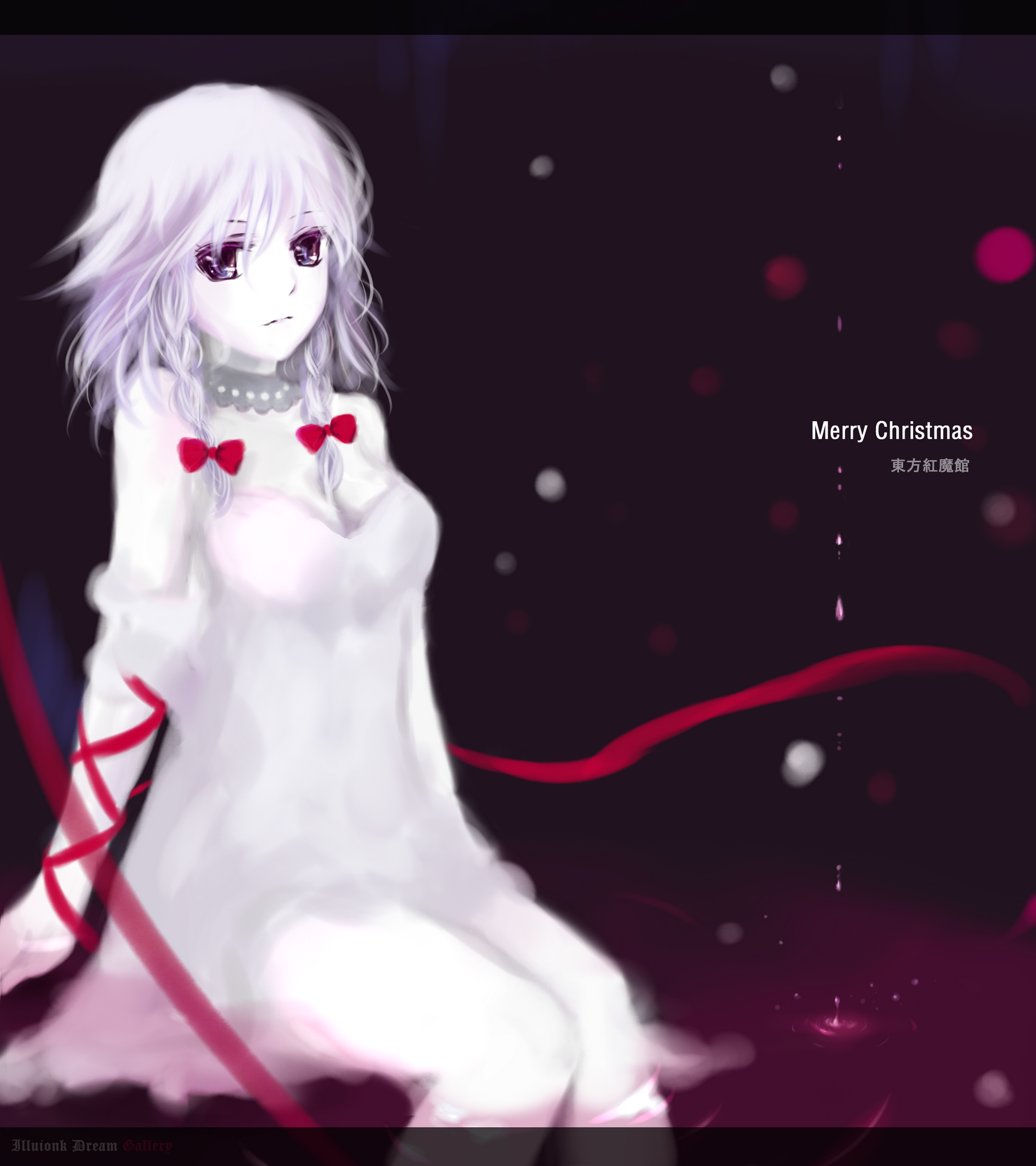 illusionk, izayoi sakuya, touhou, silver hair, highres, 1girl, braid, breasts, chemise, christmas, dress, female focus, gradient background, hair ribbon, purple eyes, ribbon, short hair, solo, twin braids
