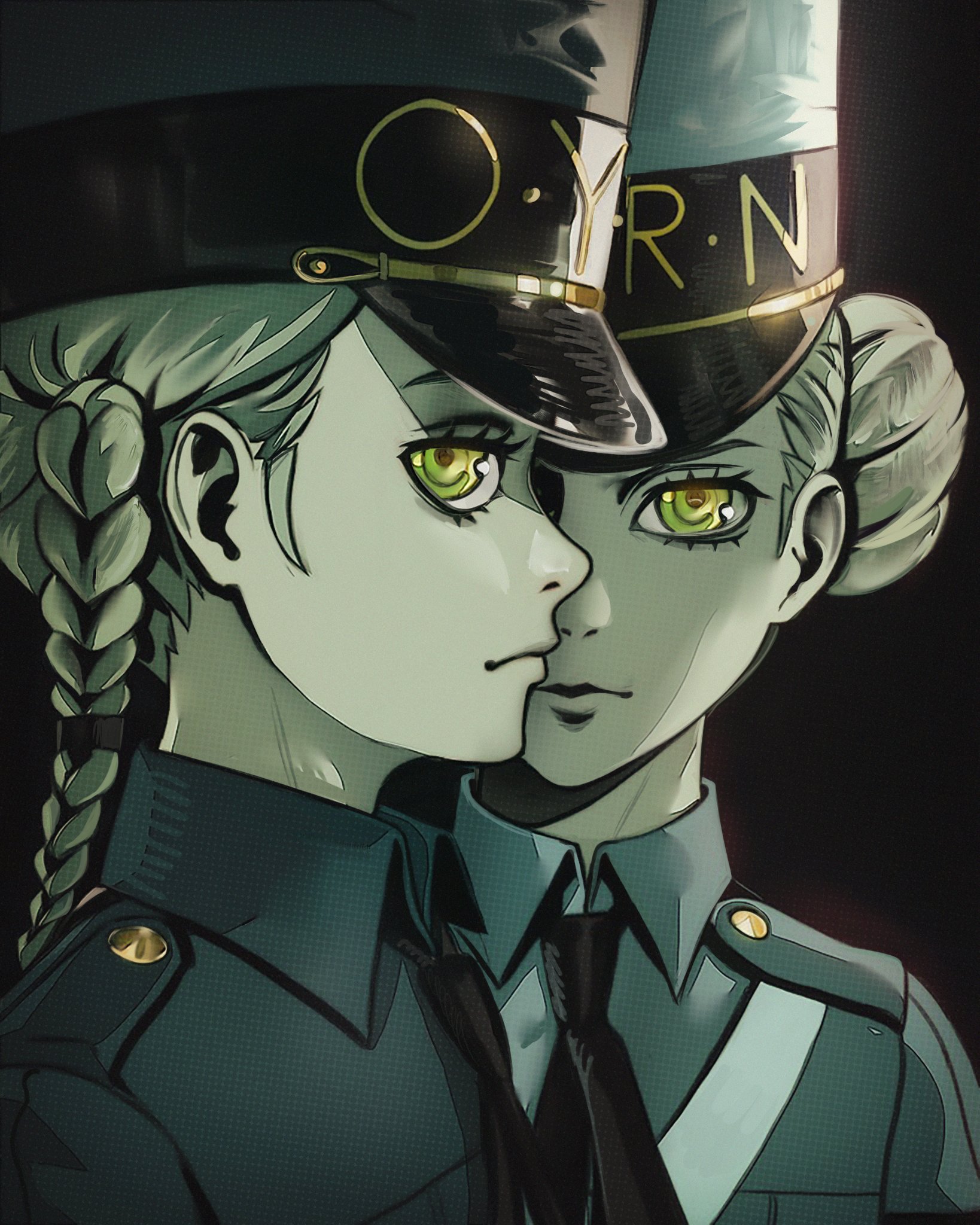 chapinor, caroline (persona 5), justine (persona 5), persona, persona 5, commentary, hashtag-only commentary, highres, 2girls, black background, black necktie, blue hat, blue shirt, braid, closed mouth, grey hair, hair bun, hat, kepi, looking at viewer, military hat, multiple girls, muted color, necktie, portrait, shirt, siblings, simple background, single side bun, sisters, twins, wing collar, yellow eyes
