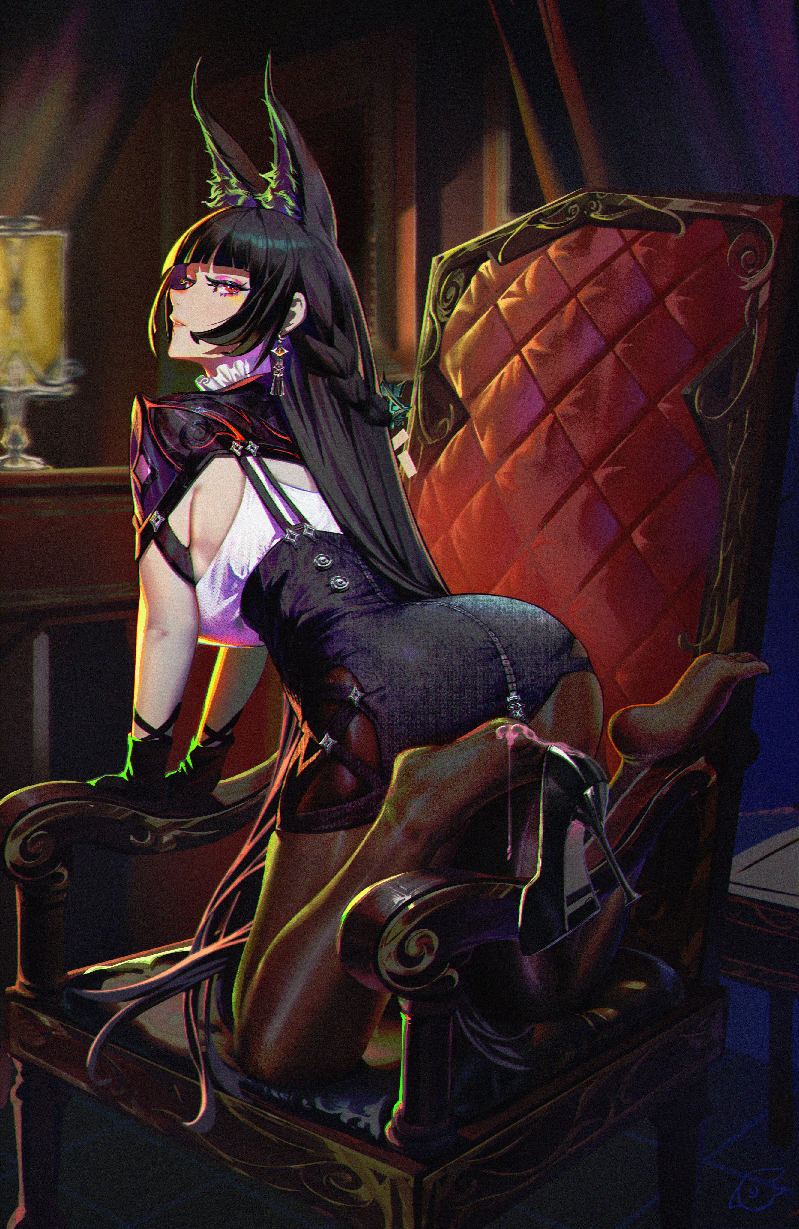 hhhhhddd audn, hoshimi miyabi, zenless zone zero, absurdres, hashtag-only commentary, highres, 1girl, animal ear fluff, animal ears, black corset, black gloves, black hair, black shoes, breasts, brown pantyhose, chair, collar, corset, cross-laced clothes, cross-laced corset, curtains, earrings, fox ears, fox girl, frilled collar, frills, from side, gloves, high heels, indoors, jewelry, lamp, long hair, looking back, medium breasts, on chair, pantyhose, red eyes, shirt, shoes, solo, table, underbust, white shirt, zipper, zipper pull tab