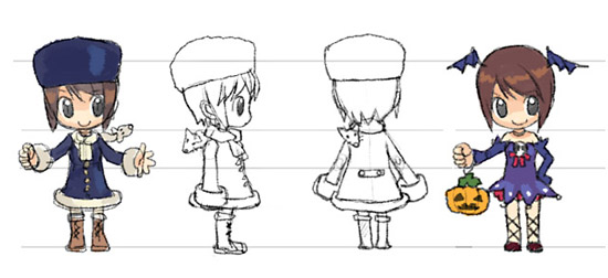 tiv, archived source, copyright request, 4girls, animal scarf, arms at sides, bare shoulders, bat wings, bloomers, blue coat, blue dress, blue hat, blue sleeves, blue wings, boots, brown eyes, brown shoes, chibi, clenched hand, closed mouth, coat, cross-laced clothes, cross-laced legwear, dress, fur-trimmed coat, fur-trimmed shoes, fur hat, fur trim, halloween costume, hand on own hip, hat, head wings, knee boots, lace-up boots, looking to the side, multiple girls, multiple views, no nose, open hand, red bloomers, red ribbon, reference sheet, ribbon, scarf, shoes, skull ornament, smile, strapless, strapless dress, turnaround, underwear, ushanka, white background, white scarf, wings, winter clothes