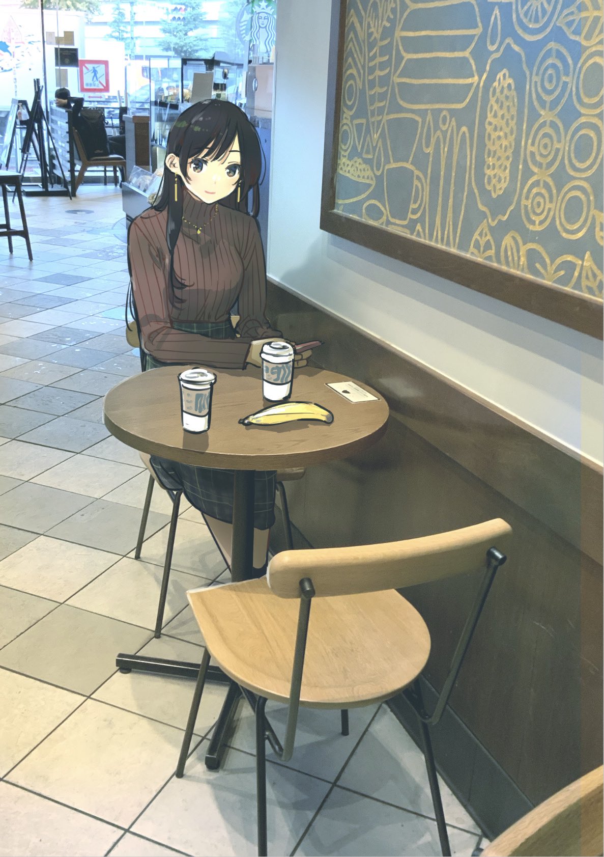 miyajima reiji, highres, 1girl, banana, black hair, brown eyes, brown sweater, chair, cup, day, disposable cup, earrings, food, fruit, indoors, jewelry, long sleeves, looking at viewer, necklace, photo background, ribbed sweater, sitting, solo, sweater, table