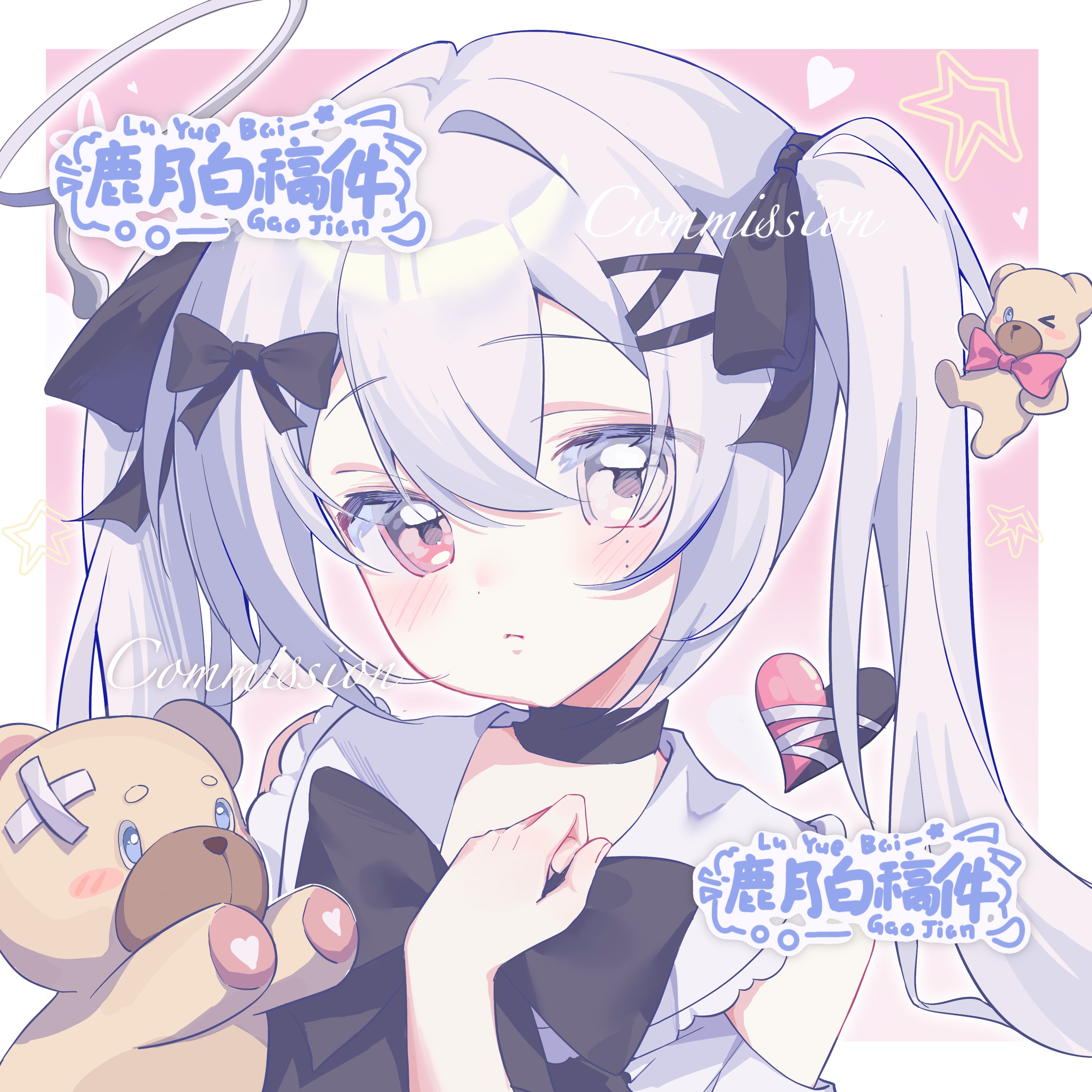 original, absurdres, highres, 1girl, artist name, black bow, black bowtie, black choker, black ribbon, blue hair, blush, border, bow, bowtie, choker, closed mouth, double-parted bangs, hair between eyes, hair ornament, hair ribbon, hand up, heterochromia, long hair, looking at viewer, lu yue bai, mole, mole under eye, outside border, pink background, pink eyes, portrait, red eyes, ribbon, shirt, solo, star (symbol), stuffed animal, stuffed toy, teddy bear, white border, white shirt, x hair ornament