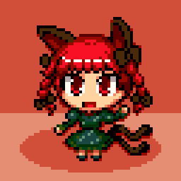 eruru (erl), kaenbyou rin, touhou, lowres, 1girl, animal ears, braid, female focus, full body, hair ribbon, open mouth, pixel art, red eyes, red hair, ribbon, solo, standing, twintails