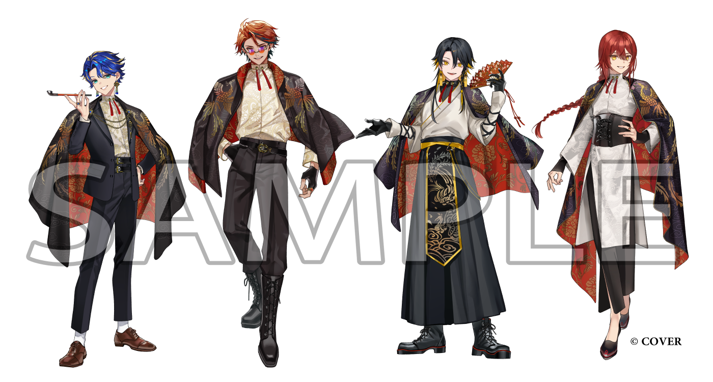 astel leda, hanasaki miyabi, yatogami fuma, yukoku roberu, holostars, official art, 4boys, :d, alternate costume, alternate hair length, alternate hairstyle, aqua eyes, arm at side, bead bracelet, beads, belt, belt buckle, black belt, black boots, black cape, black coat, black corset, black gloves, black hair, black hakama, black jacket, black pants, black shirt, black suit, blonde hair, blue hair, boots, bracelet, braid, brown shoes, buckle, cape, changpao, chinese clothes, coat, coat on shoulders, colored inner hair, copyright notice, corset, cross-laced shoes, curtained hair, dress pants, dress shirt, dress shoes, earrings, fingerless gloves, flats, floral print, folding fan, formal clothes, gangster, gloves, gradient-tinted eyewear, hair between eyes, hakama, hand fan, hand in pocket, hand on own hip, hand up, heterochromia, holding, holding fan, holding smoking pipe, jacket, japanese clothes, jewelry, jinkei, kimono, lace-up boots, layered sleeves, lineup, long hair, long sleeves, looking at viewer, male focus, mole, mole under eye, money gesture, multicolored hair, multiple boys, neck tassel, open clothes, open hand, open jacket, open mouth, orange-tinted eyewear, orange eyes, orange hair, pants, parted bangs, parted lips, pelvic curtain, phoenix print, print cape, print coat, print jacket, purple-tinted eyewear, purple eyes, red cape, red coat, red hair, red jacket, ring, robe, round eyewear, sample watermark, shirt, shoes, short hair, side braid, simple background, single braid, single earring, sleeves past wrists, smile, smoking pipe, socks, standing, streaked hair, suit, sweater guard, swept bangs, tassel, tinted eyewear, two-sided cape, two-sided coat, two-sided fabric, two-sided jacket, two-tone hair, virtual youtuber, watermark, white background, white kimono, white robe, white shirt, white socks, yellow eyes