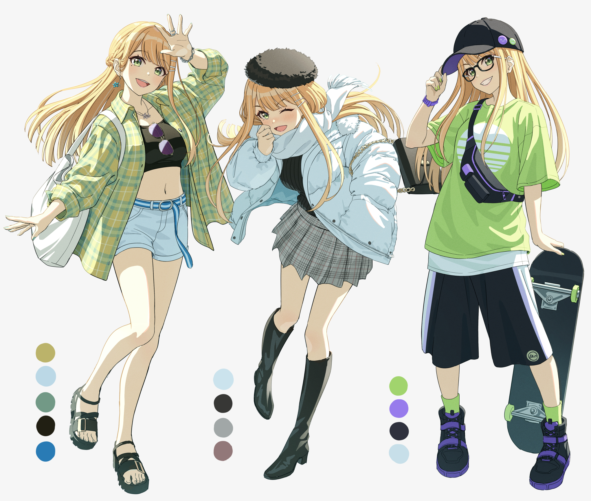 ntn00a, shiun sumika, gakuen idolmaster, idolmaster, commentary, highres, 1girl, adjusting clothes, adjusting headwear, aviator sunglasses, bag, baseball cap, belt, beret, black-framed eyewear, black boots, black hat, black shoes, black shorts, black sweater, black tank top, blonde hair, boots, coat, collarbone, color guide, denim, denim shorts, earrings, enpera, fanny pack, glasses, green nails, green shirt, green socks, grey skirt, hair ornament, hairclip, half updo, hat, head tilt, jewelry, long hair, looking at viewer, miniskirt, multiple views, nail polish, navel, necklace, one eye closed, open mouth, outstretched arms, parallel hairclips, pin, plaid clothes, plaid shirt, plaid skirt, puffy coat, purple shoes, sandals, scarf, shirt, shoes, shorts, shoulder bag, simple background, skateboard, skirt, sneakers, socks, solo, sunglasses, sweater, swept bangs, t-shirt, tank top, teeth, thighs, toes, upper teeth only, waving, white background, white bag, white coat, white scarf
