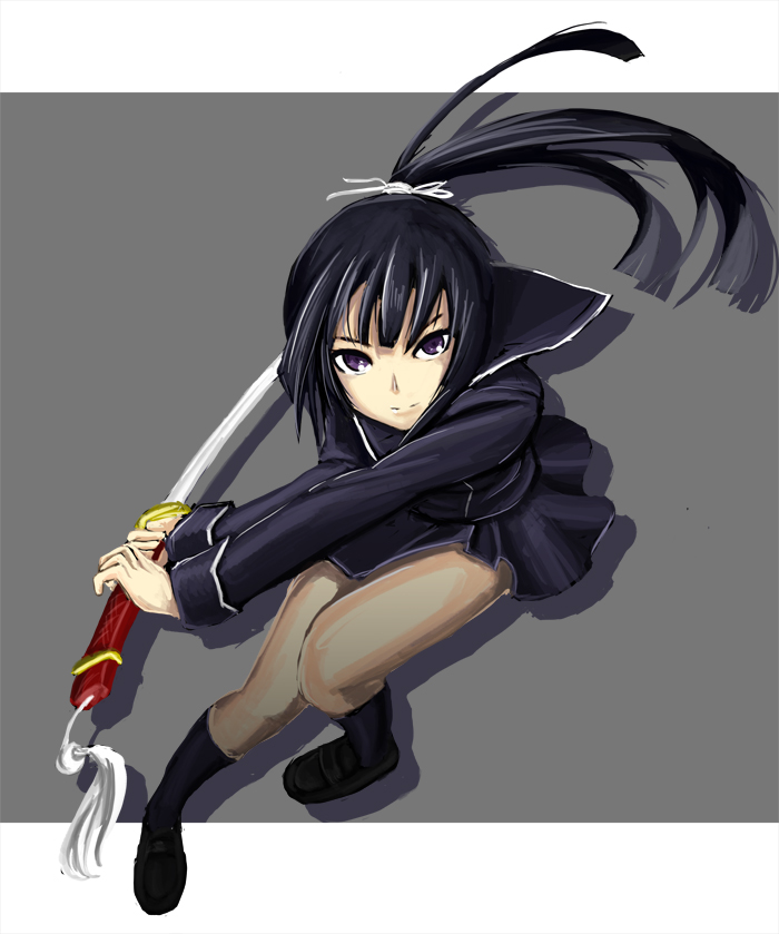 kawajuu, isayama yomi, ga-rei, ga-rei zero, 00s, black hair, katana, long hair, purple eyes, school uniform, serafuku, skirt, socks, solo, sword, weapon