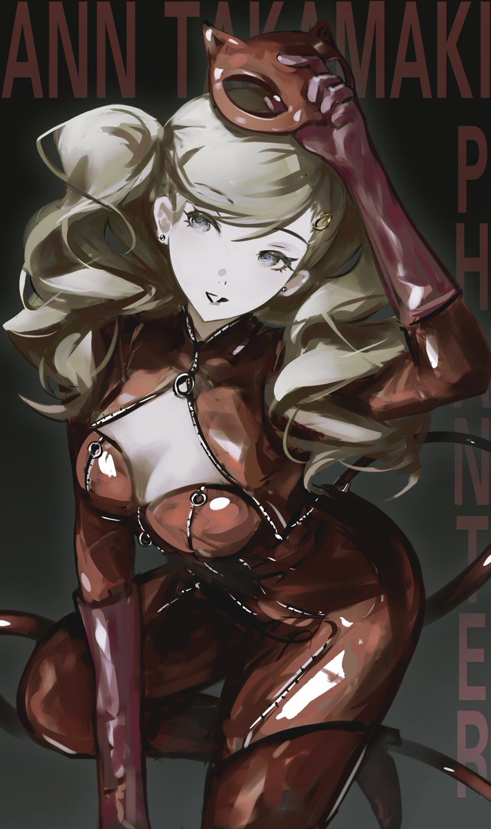 k1kiwa, panther (persona 5), takamaki anne, persona, persona 5, commentary request, highres, 1girl, black background, blonde hair, blue eyes, bodysuit, breasts, cat mask, character name, cleavage, cleavage cutout, clothing cutout, domino mask, drill hair, earrings, eye mask, facing viewer, fake tail, foot out of frame, gloves, hair ornament, hairclip, holding, holding mask, jewelry, large breasts, latex, latex bodysuit, latex gloves, leg up, long hair, looking to the side, mask, o-ring, red bodysuit, red gloves, red mask, simple background, smile, solo, stud earrings, tail, twin drills, zipper, zipper pull tab