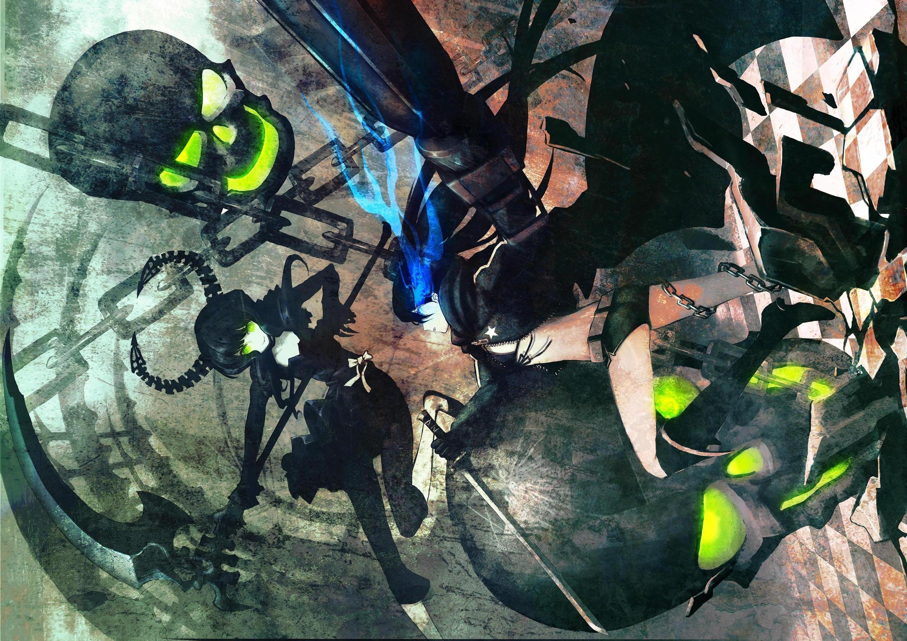 huke, black rock shooter (character), dead master, black rock shooter, vocaloid, highres, 10s, arm cannon, black dress, black hair, black leggings, boots, chain, choker, curly hair, dress, gloves, glowing, glowing eyes, green eyes, hime cut, hood, hoodie, horns, katana, leggings, ribbon, scythe, short shorts, shorts, skull, sword, weapon, zipper