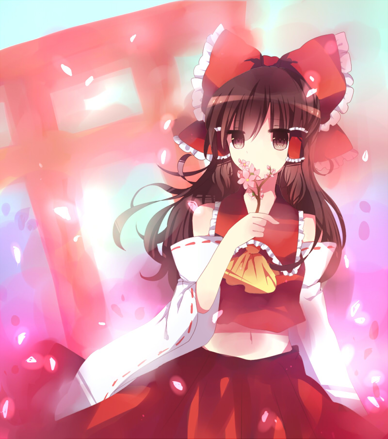 miyako (xxxbibit), myk, hakurei reimu, touhou, bad id, bad pixiv id, 1girl, brown eyes, brown hair, cherry blossoms, detached sleeves, female focus, flower, japanese clothes, long hair, miko, navel, ribbon, solo, torii