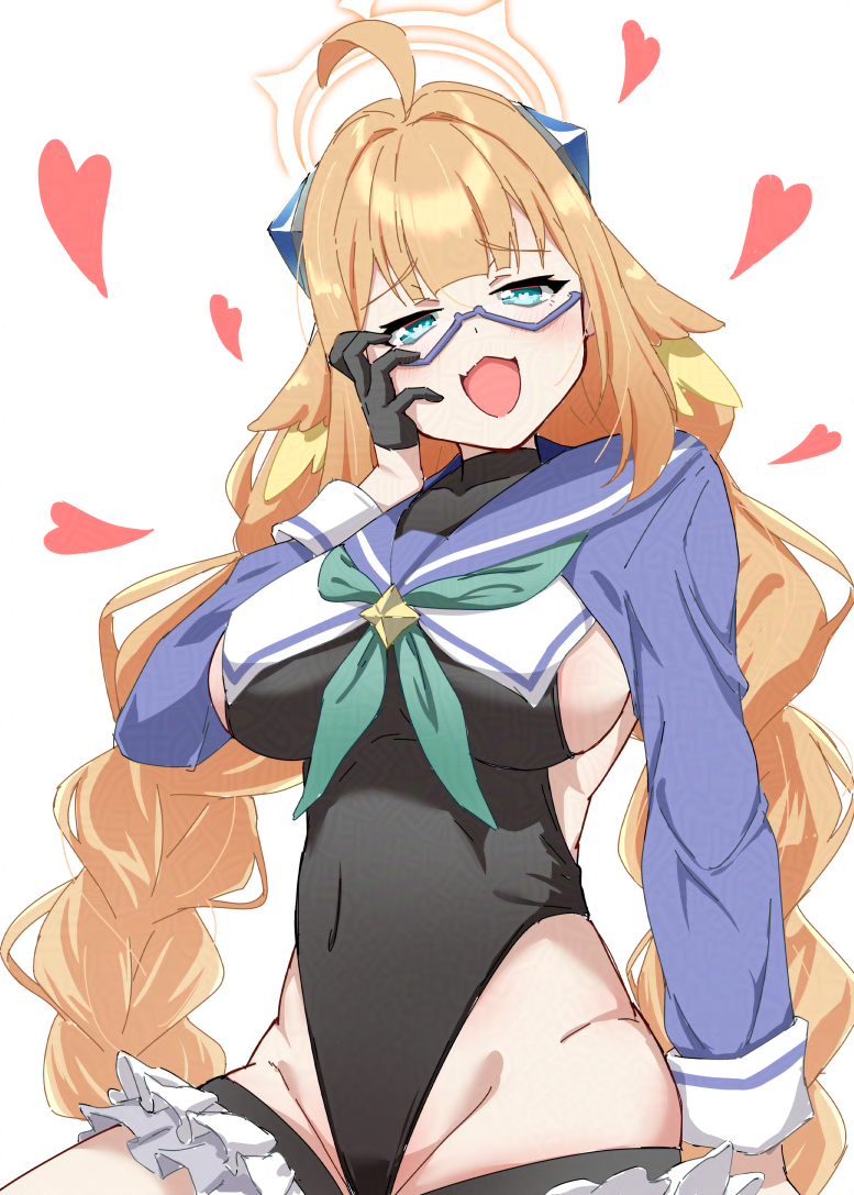 yokoshima (euphoria), shimiko (blue archive), shimiko (magical) (blue archive), blue archive, braided twintails, 1girl, black gloves, black leotard, blue-framed eyewear, blue shrug, braid, breasts, covered navel, feather hair, feathers, glasses, gloves, half gloves, halo, halter leotard, halterneck, hand on own cheek, hand on own face, heart, impossible clothes, impossible leotard, large breasts, leotard, long hair, long sleeves, looking at viewer, low twin braids, official alternate costume, open mouth, orange hair, semi-rimless eyewear, shrug (clothing), solo, super highleg, twin braids, under-rim eyewear, very long hair, yellow feathers, yellow halo