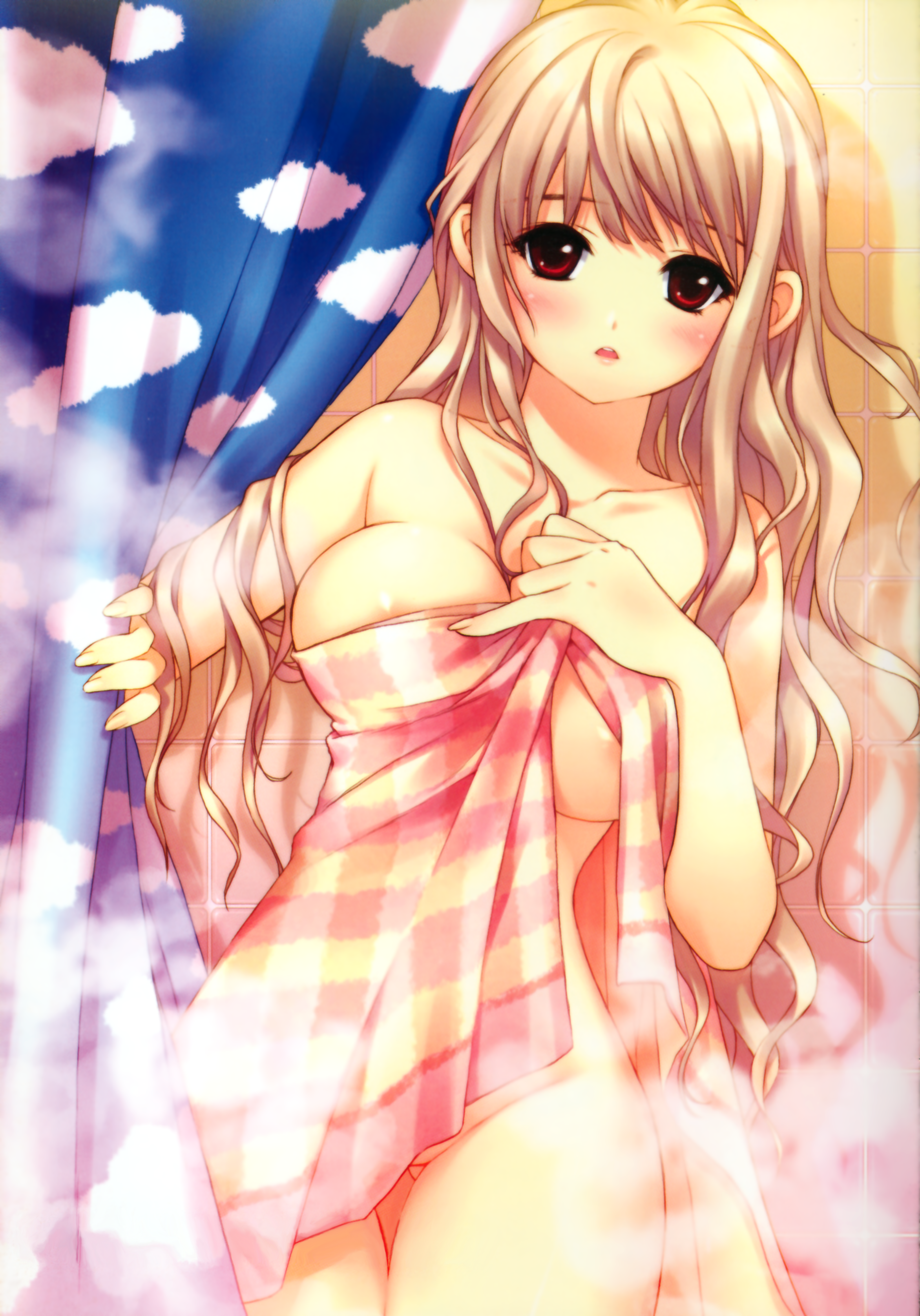 shirahane nao, absurdres, highres, huge filesize, 1girl, after bathing, areola slip, blonde hair, blush, breasts, female focus, long hair, naked towel, nipple slip, nipples, nude, open towel, red eyes, solo, steam, thigh gap, thighs, towel