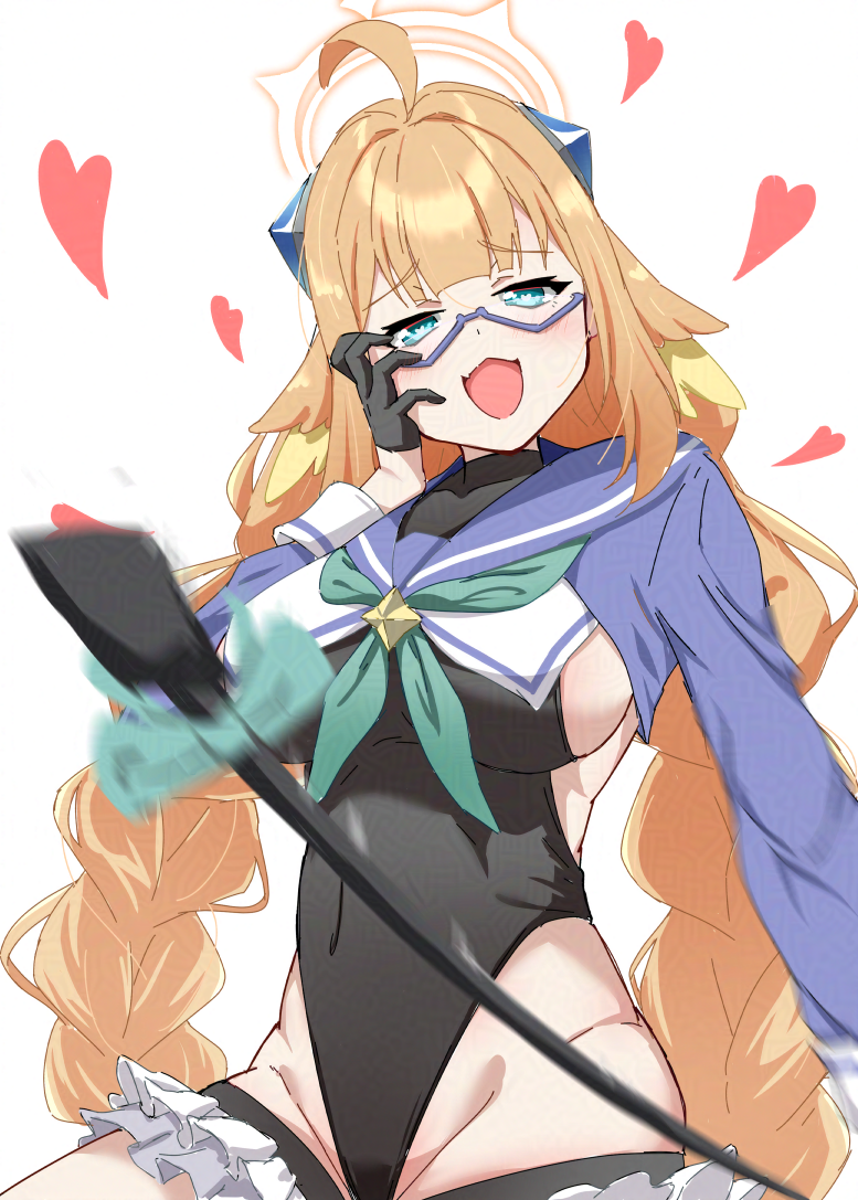 yokoshima (euphoria), shimiko (blue archive), shimiko (magical) (blue archive), blue archive, braided twintails, 1girl, black gloves, black leotard, blue-framed eyewear, blue shrug, braid, breasts, covered navel, feather hair, feathers, glasses, gloves, half gloves, halo, halter leotard, halterneck, hand on own cheek, hand on own face, heart, holding, holding riding crop, impossible clothes, impossible leotard, large breasts, leotard, long hair, long sleeves, looking at viewer, low twin braids, official alternate costume, open mouth, orange hair, riding crop, semi-rimless eyewear, shrug (clothing), solo, super highleg, twin braids, under-rim eyewear, very long hair, yellow feathers, yellow halo