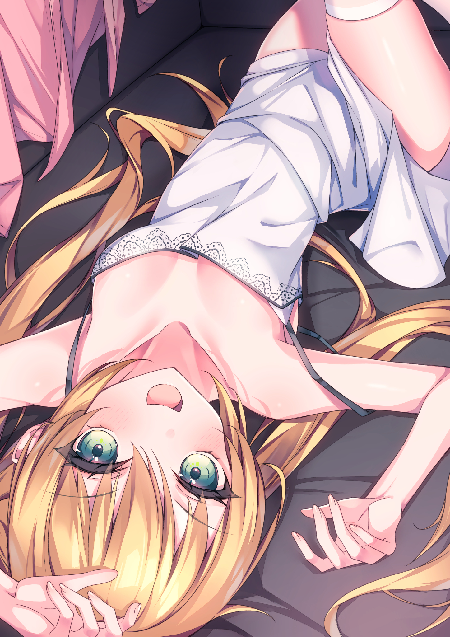 aonu koru, sanzen'in nagi, hayate no gotoku!, commentary request, highres, 1girl, :d, alternate costume, arms up, bare shoulders, blonde hair, blush, breasts, breasts apart, collarbone, couch, dress, dutch angle, eyelashes, eyes visible through hair, feet out of frame, green eyes, hair between eyes, hair spread out, happy, knee up, long hair, lying, no bra, on back, on couch, open mouth, ribbon, short dress, sidelocks, sleeveless, sleeveless dress, small breasts, smile, solo, spaghetti strap, strap slip, twintails, upside-down, upturned eyes, very long hair, white dress, white ribbon