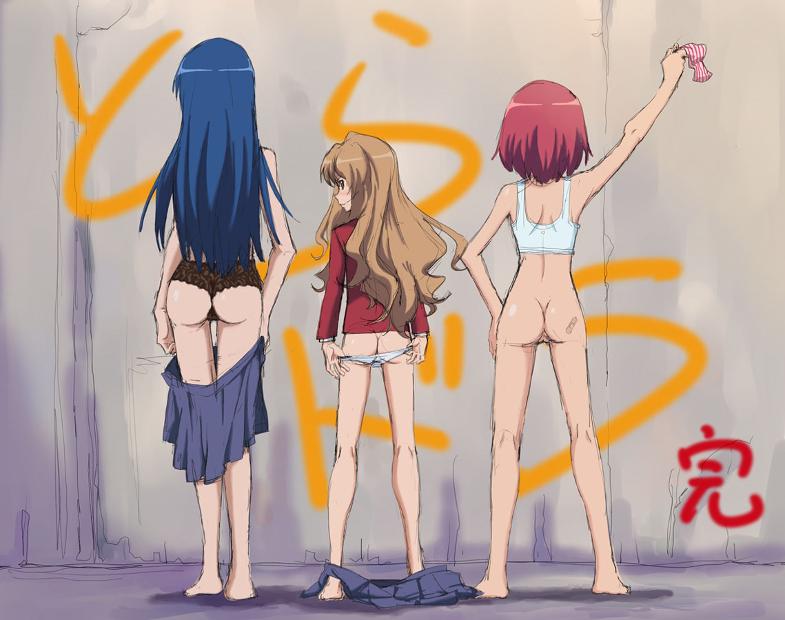 muscle-san, aisaka taiga, kawashima ami, kushieda minori, toradora!, 00s, 3girls, ass, back, bandaid, barefoot, black panties, blue hair, blue skirt, blush, bottomless, bra, brown eyes, brown hair, holding, holding panties, holding underwear, holding unworn clothes, jacket, lace, lace panties, lingerie, loli, long hair, looking back, multiple girls, no pants, oohashi high school uniform, panties, panty pull, pleated skirt, pussy, red hair, red jacket, school uniform, short hair, sketch, skirt, striped clothes, striped panties, thigh gap, thighs, uncensored, underwear, underwear only, undressing, white bra, white panties